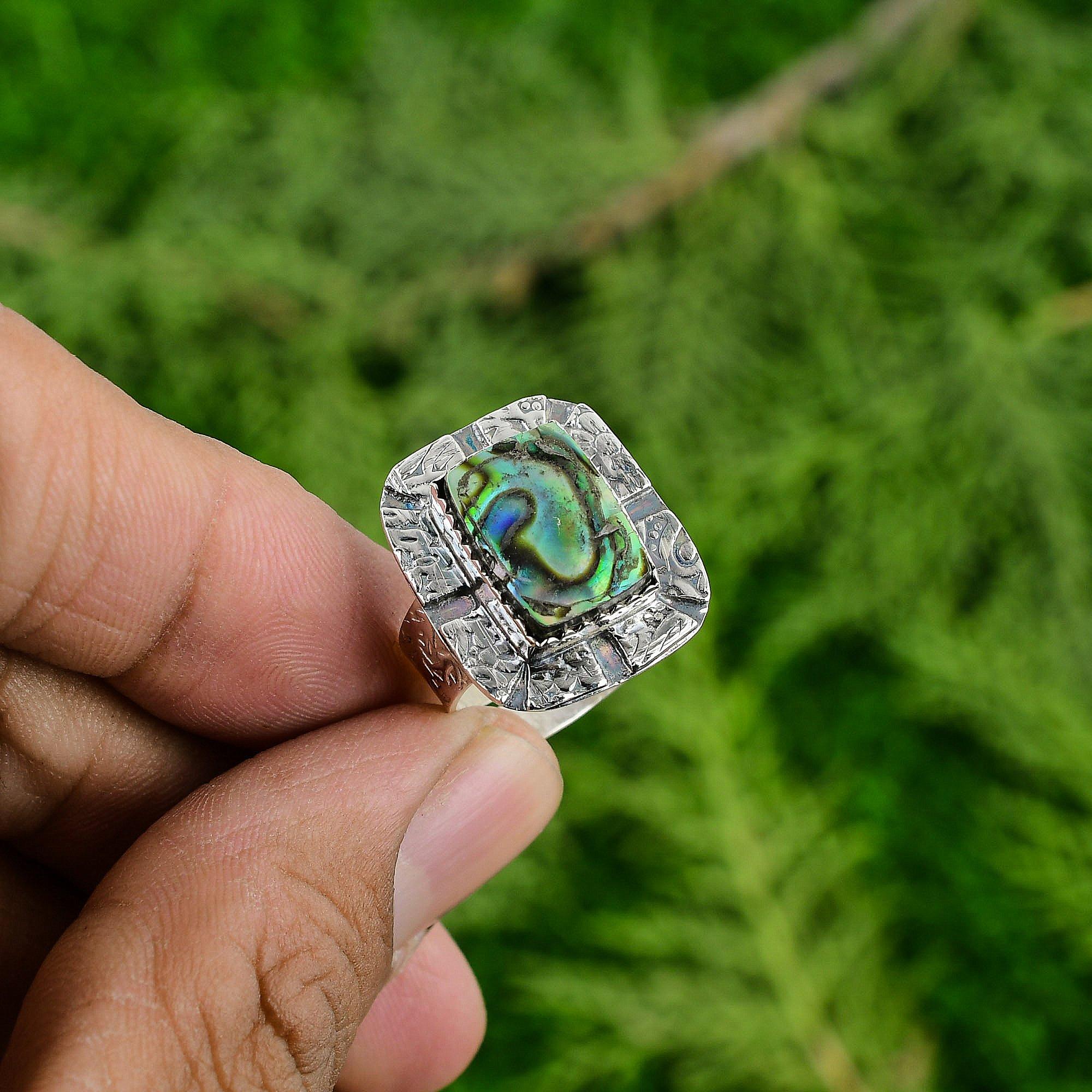 925 Sterling Silver Abalone Shell Stone Wedding Promise Statement Ring Jewelry