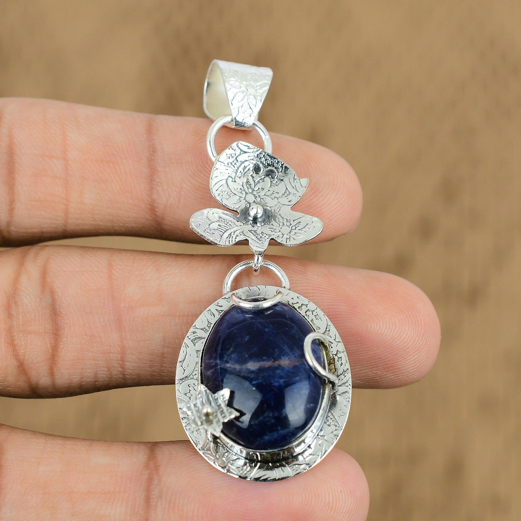 Natural Sodalite Gemstone Indian Jewelry 925 Sterling Silver Pendant For Girls