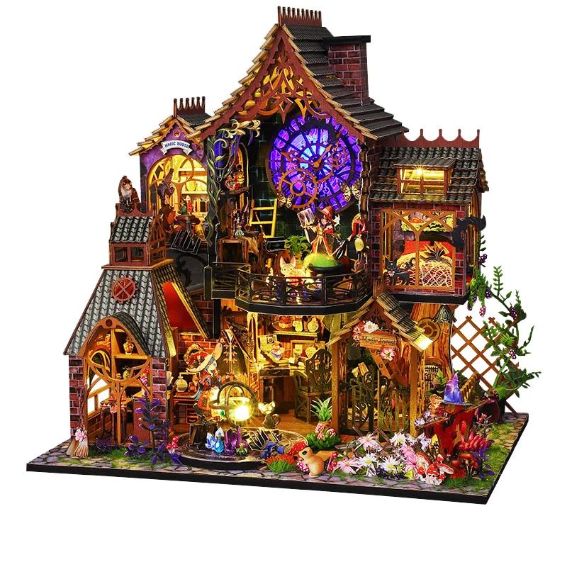 Retro DIY Wooden Magic Forest Spirit Dollhouses Miniature Kits with Furniture LED Light Home Desk Decoration Handmade Gift