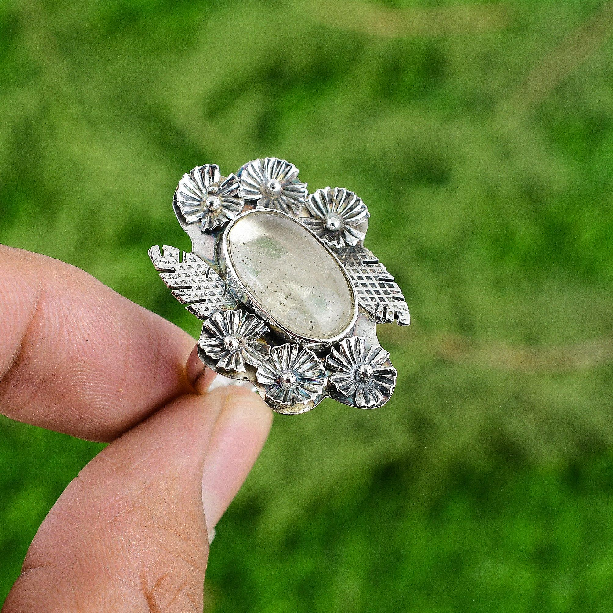 Natural Moonstone Gemstone Stackable Flower White Adjustable Ring 925 Silver
