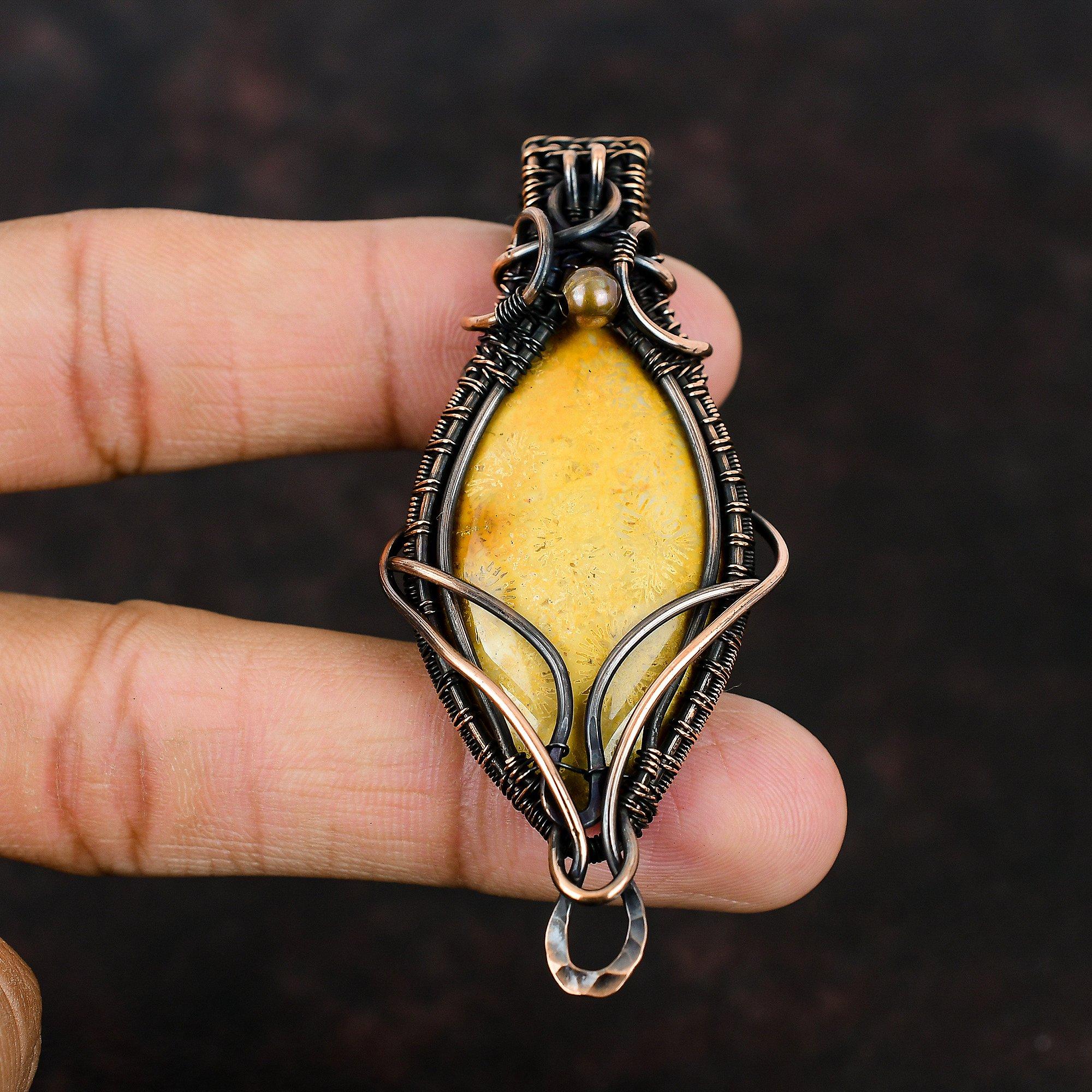 Fossil Coral Gemstone Pendant Copper Wire Wrapped Pendant Handmade Wire Wrapped Jewelry Gift For Mother Fossil Coral Jewelry Antique Pendant