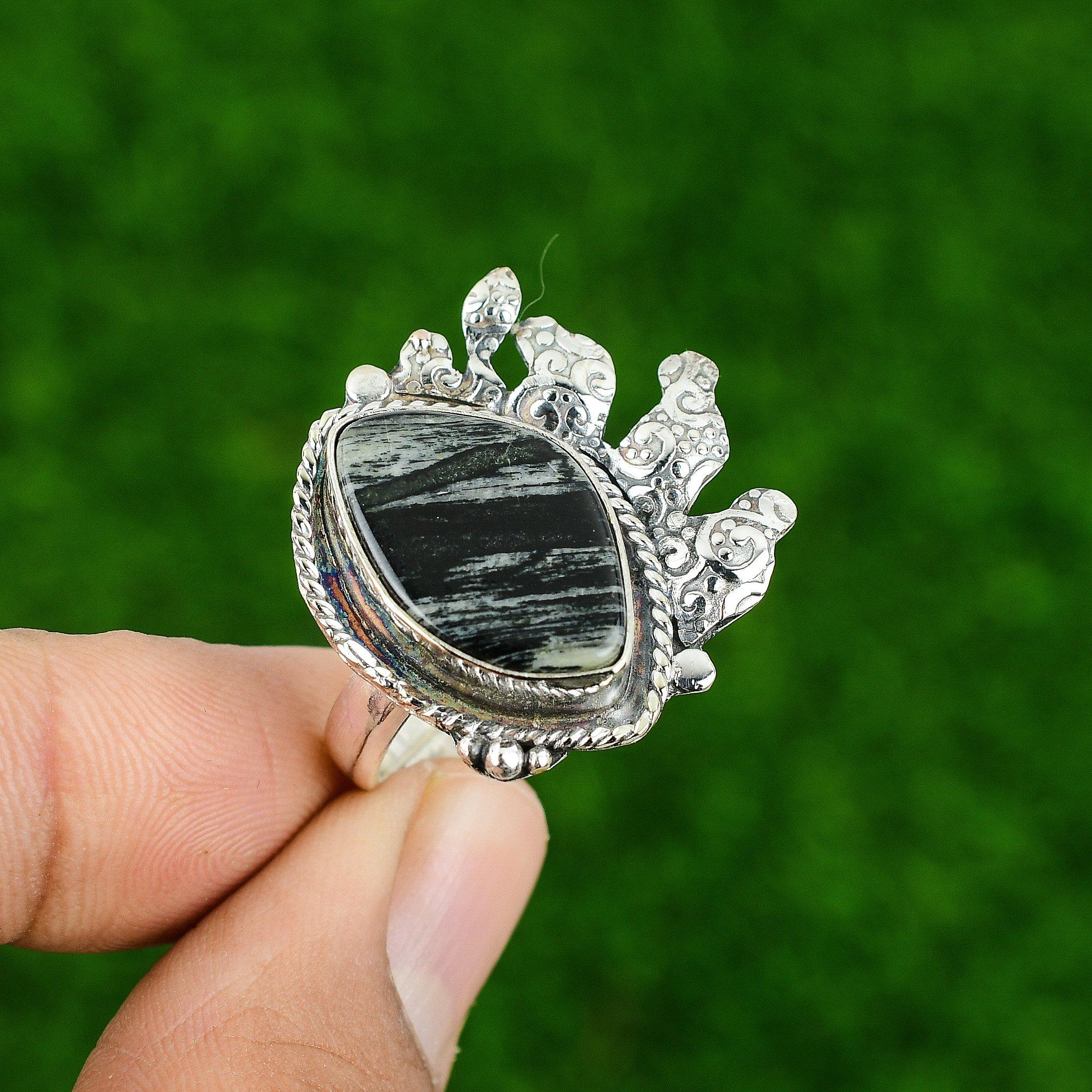 Gift For Her 925 Silver Natural Silver Leaf Jasper Multi Stone Adjustable Ring