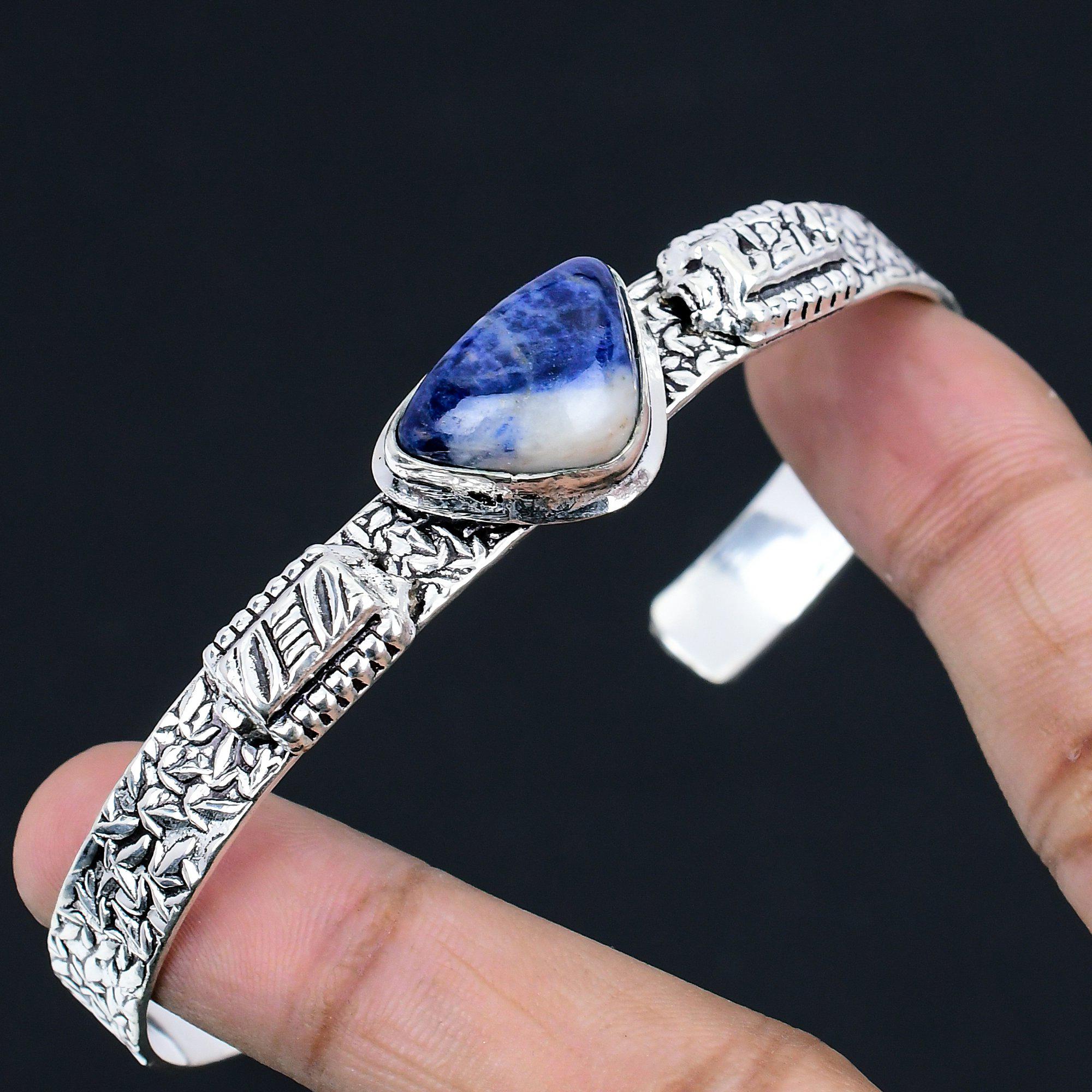 Gift For Her 925 Sterling Silver Natural Sodalite Gemstone Bangle Adjustable