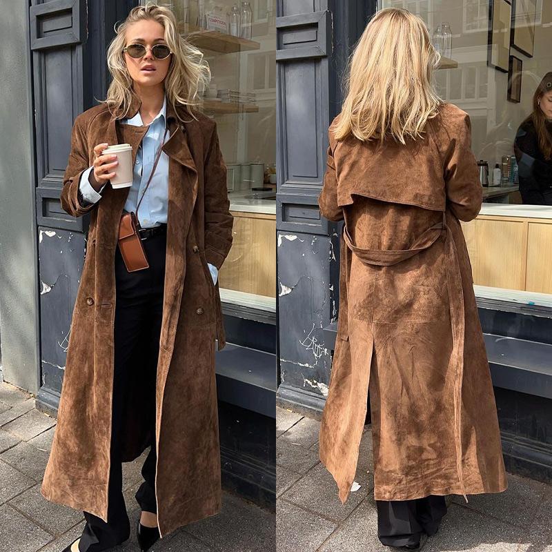 Retro semsket lange jakker Dame-vindjakke Uformelt løst jakkeslag Dobbeltspent beltekåper Kvinnelig Høst Vinter Mote Solid Streetwears Dame