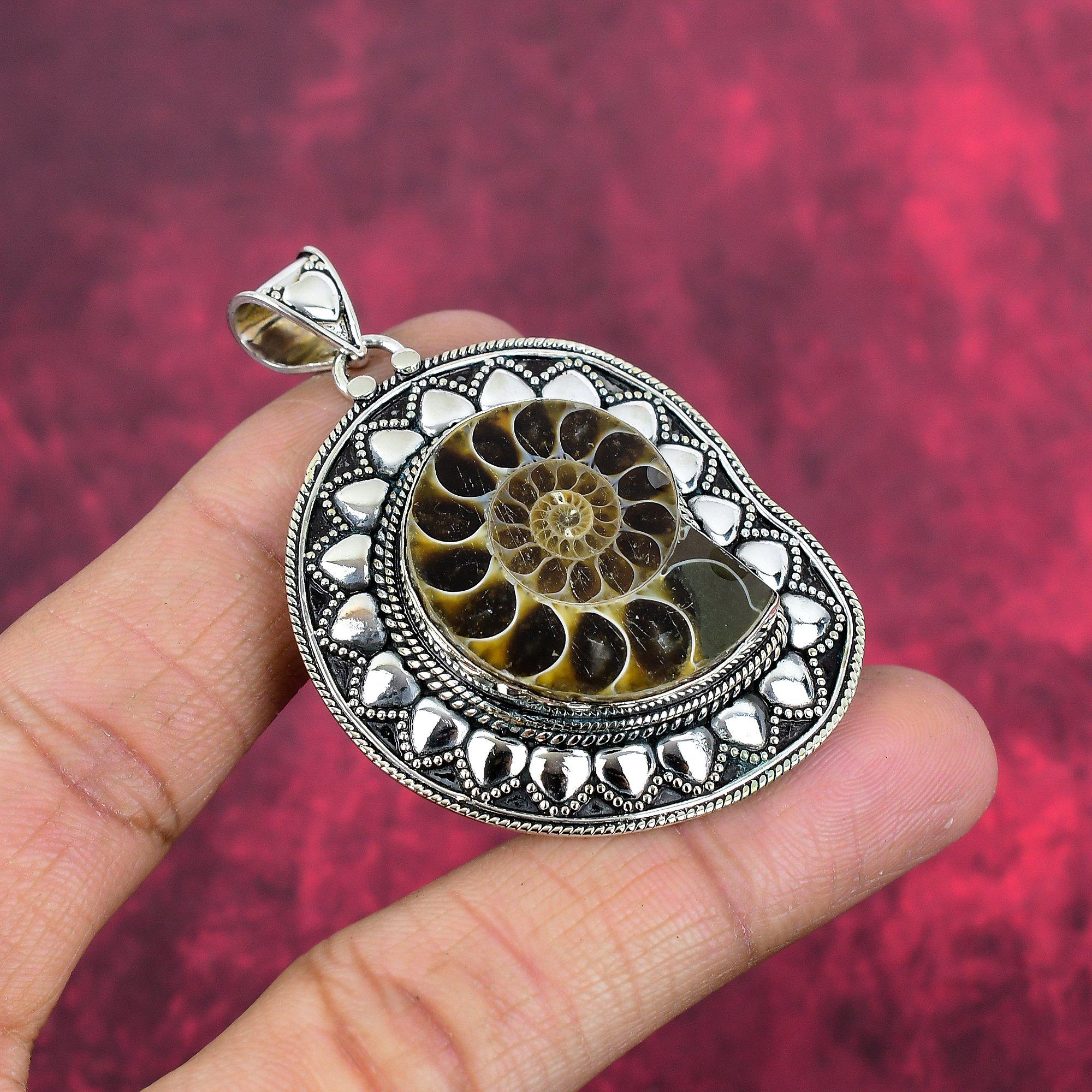 Ammonite Fossil 925 Solid Sterling Silver Pendant, Handmade Gemstone Jewelry Pendant For Memorial Day