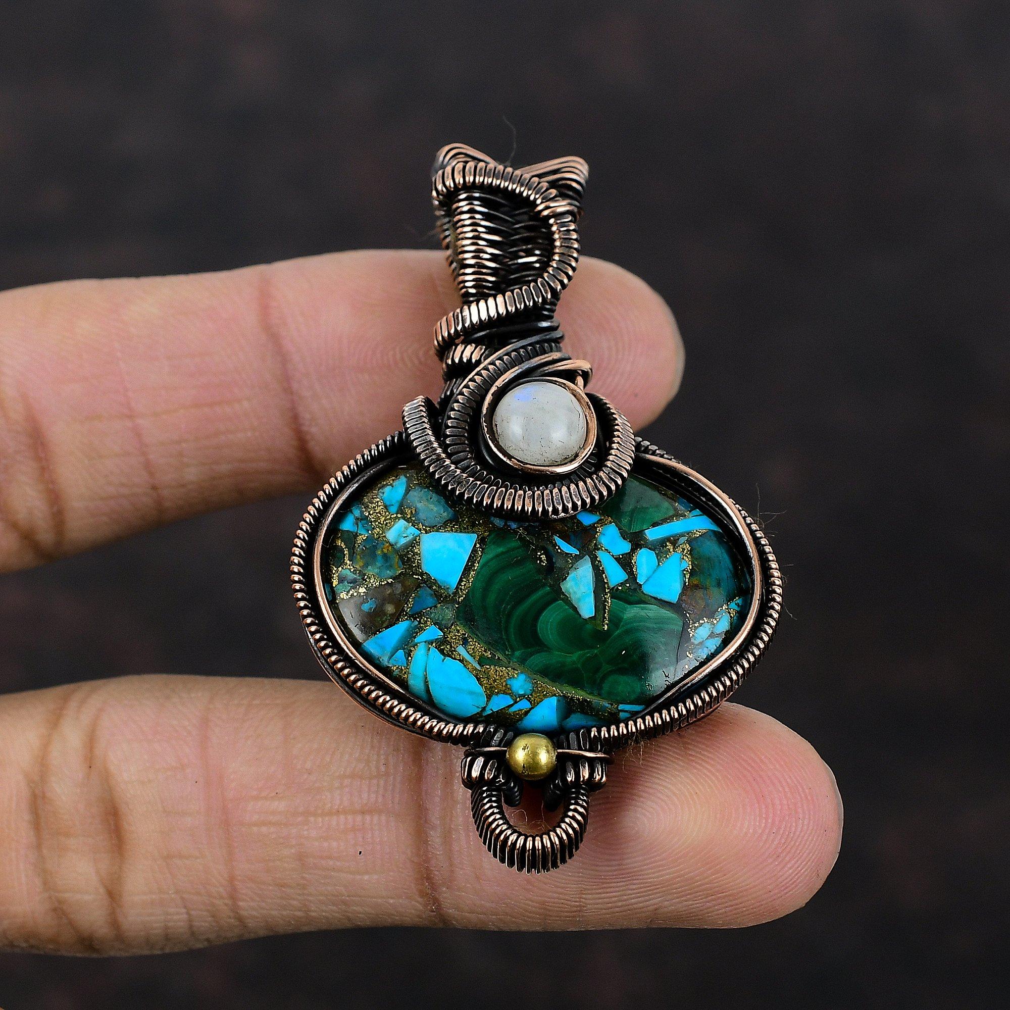 Kupfer Malachit Türkis Anhänger Kupferdraht umwickelter Schmuck Mondstein Anhänger Edelsteinschmuck Geschenk für Mama Handgemachter Kupferdraht Anhänger