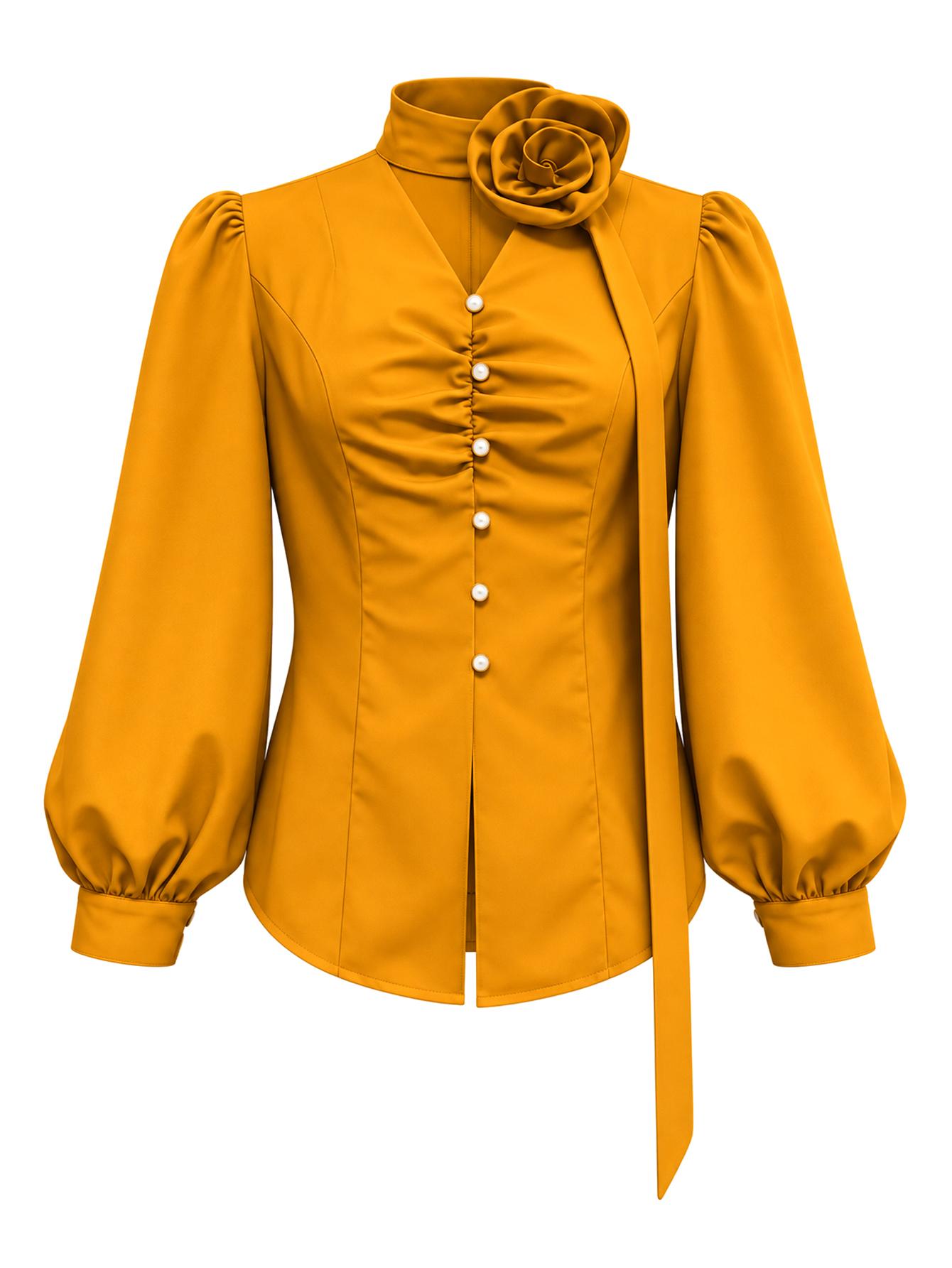AOMEI V Neck Women Blouse 3D Flower Lantern Long Sleeve Button Up Tops for Ladies Daily Casual Wear
