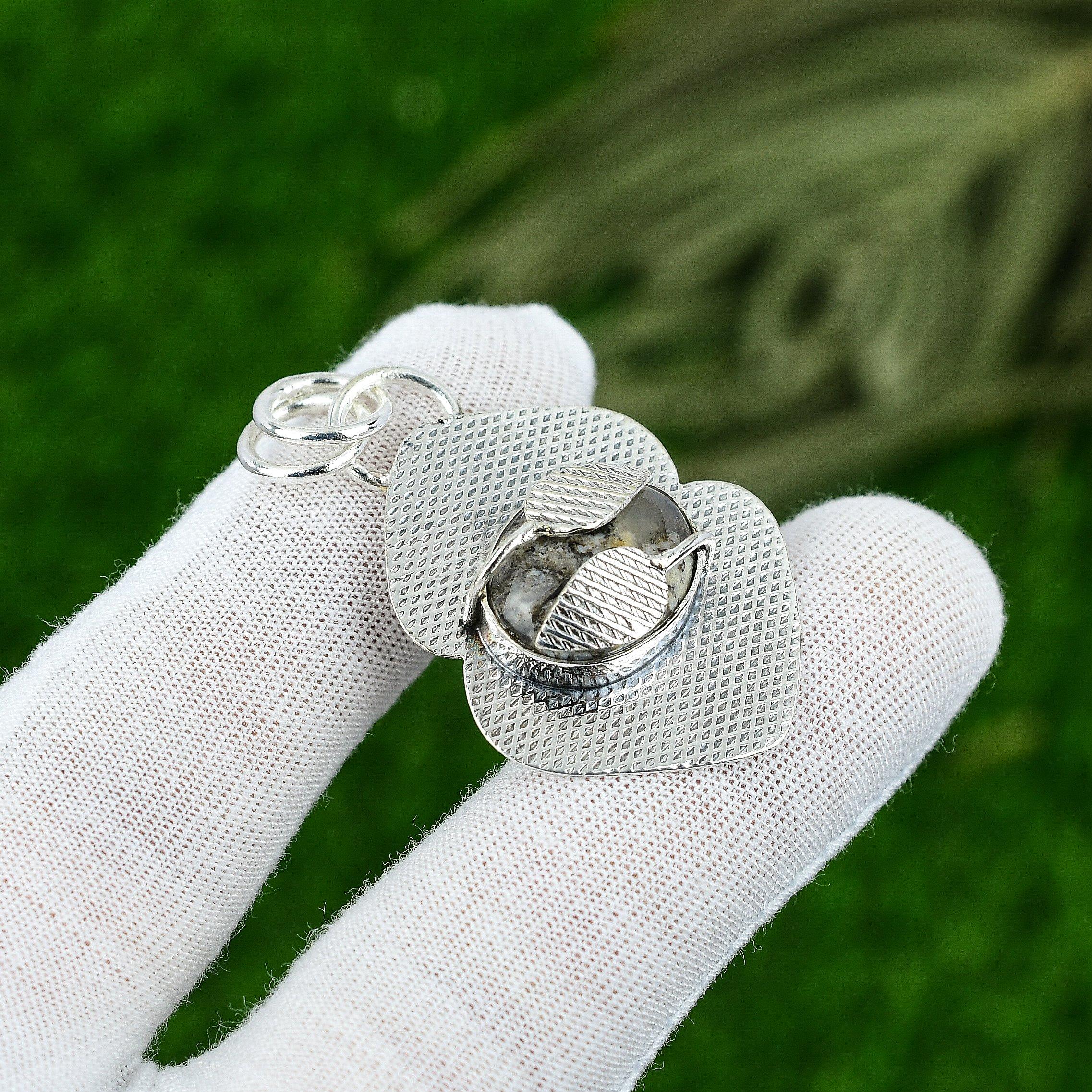 Womens day Sale Oval Plume Agate Stone Birthday Pendant Jewelry Sterling Silver