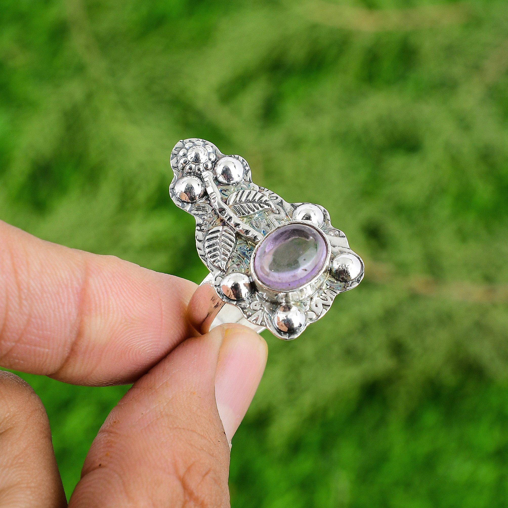 Natural African Amethyst Promise Flower Adjustable Ring 925 Silver For Women