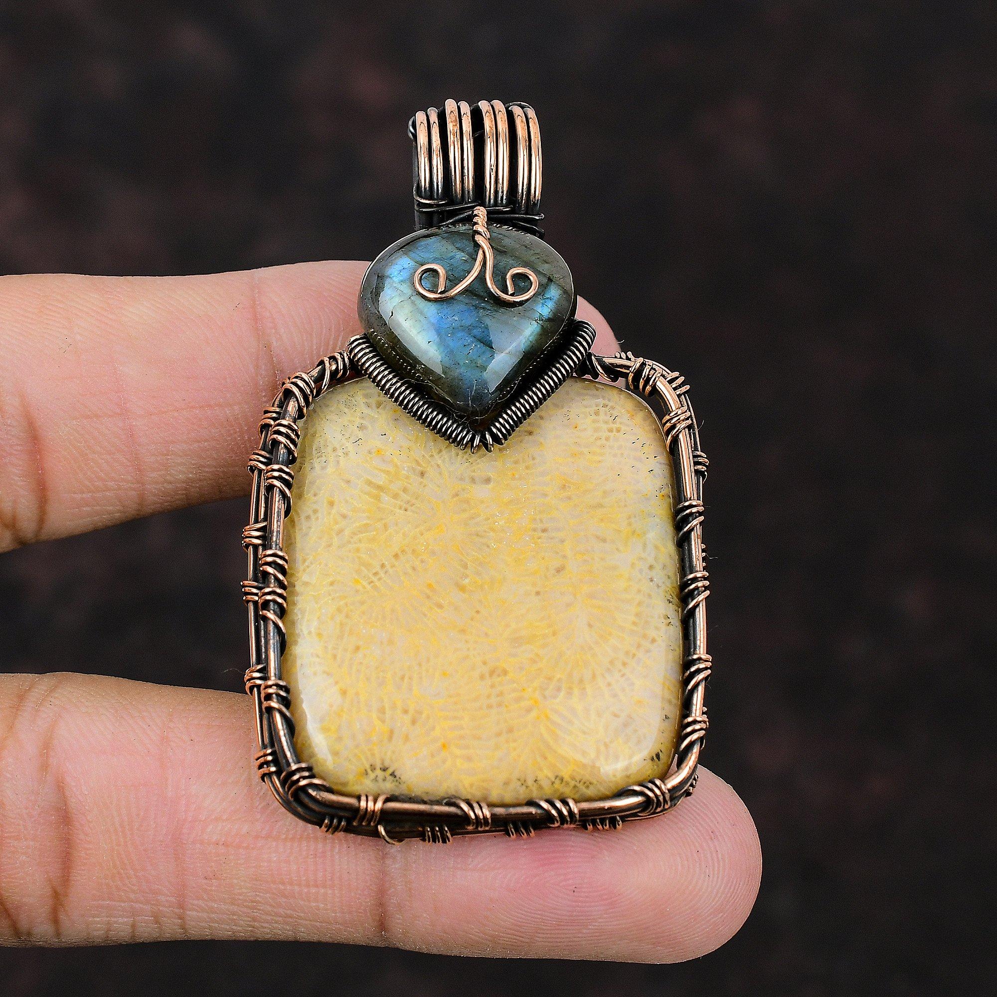 Fossil Coral Pendant Labradorite Pendant Copper Wire Wrapped Pendant Handmade Copper Jewelry Gift For Her Wire Wrap Jewelry Gemstone Pendant