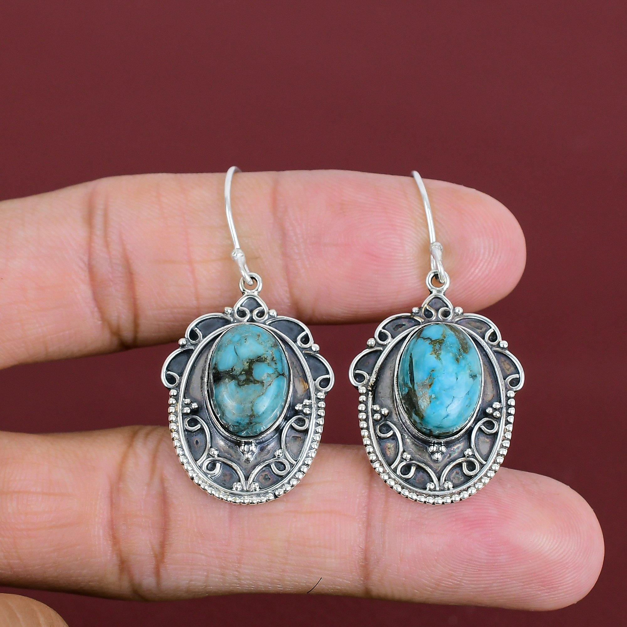Tibetan Turquoise Gemstone Earring Vintage Earring Handmade Jewelry 925 Sterling Silver Earring Unique Jewelry Drop Earring Gifts For Mother