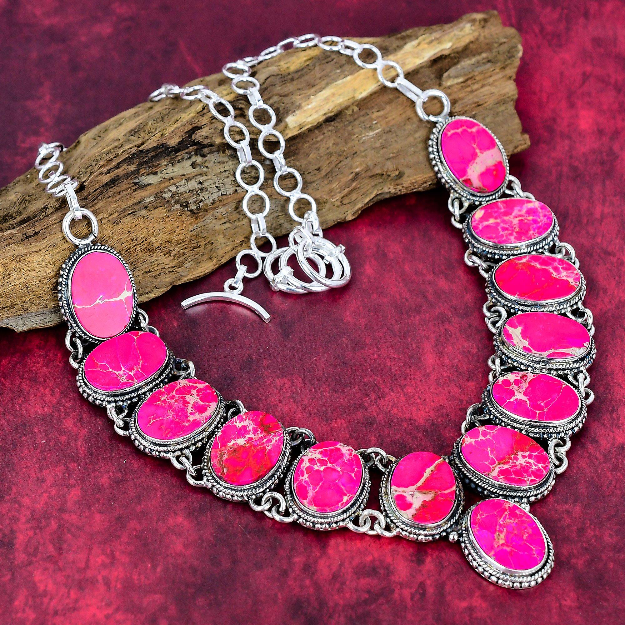 Pink Sea Sediment 925 Solid Sterling Silver Necklace with Adjustable Chain, Handmade Gemstone Jewelry Necklace For Memorial Day