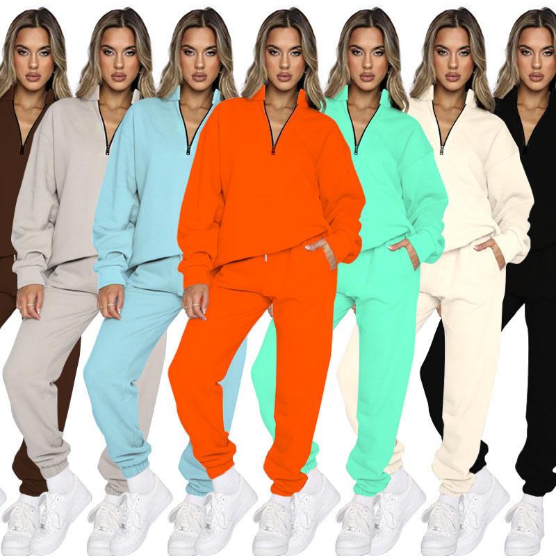 Autumn and Winter Women's Plus Size Solid Colour Lapel Zipper Pullover Long Sleeve Sweatshirt Fashion Pants Suit