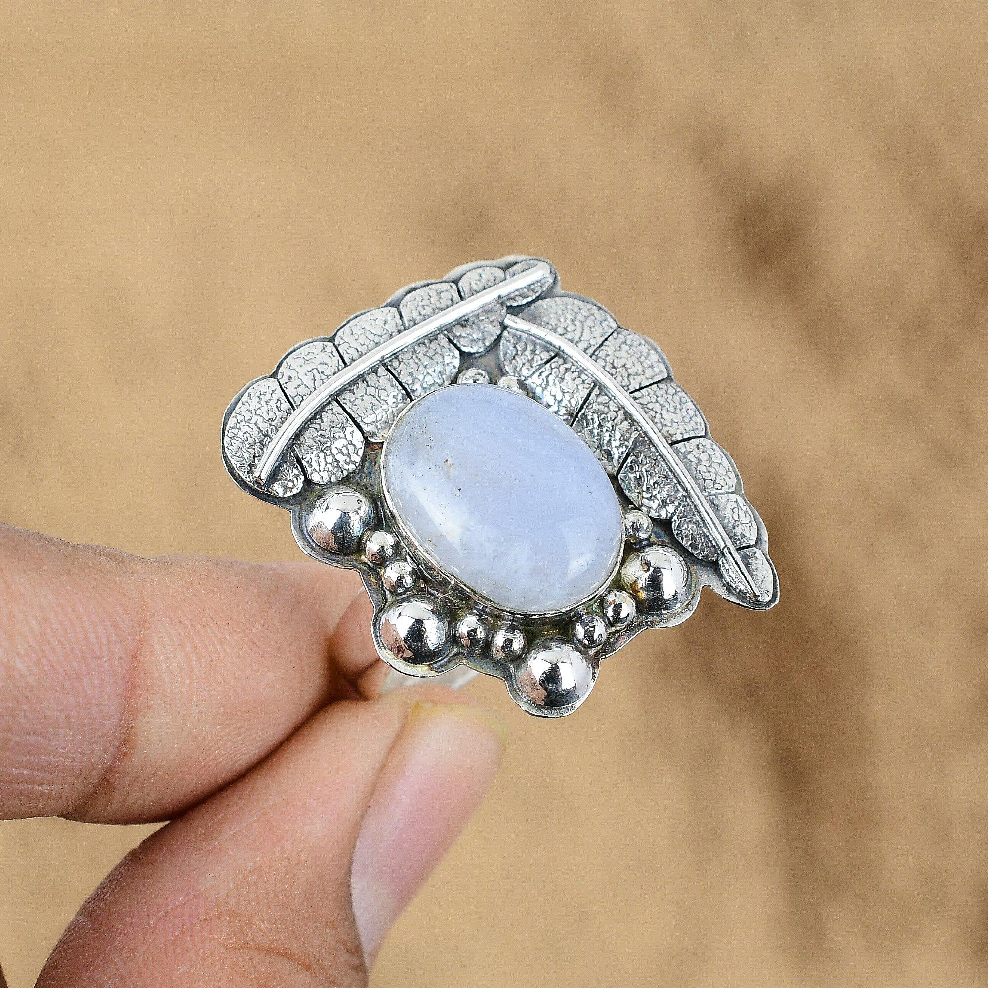 925 Sterling Silver Blue Lace Agate Stone Engagement Promise Statement New Ring
