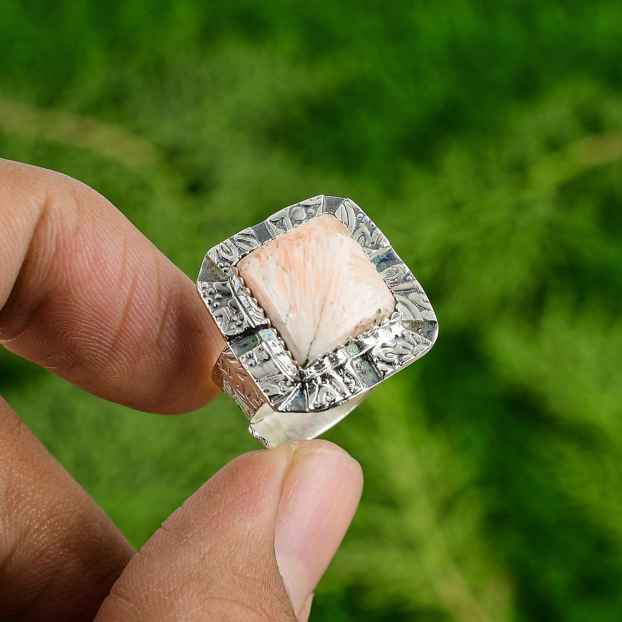 925 Silver Square Crown Chakra Natural Scolecite Multi Stone Artisan Unique Ring