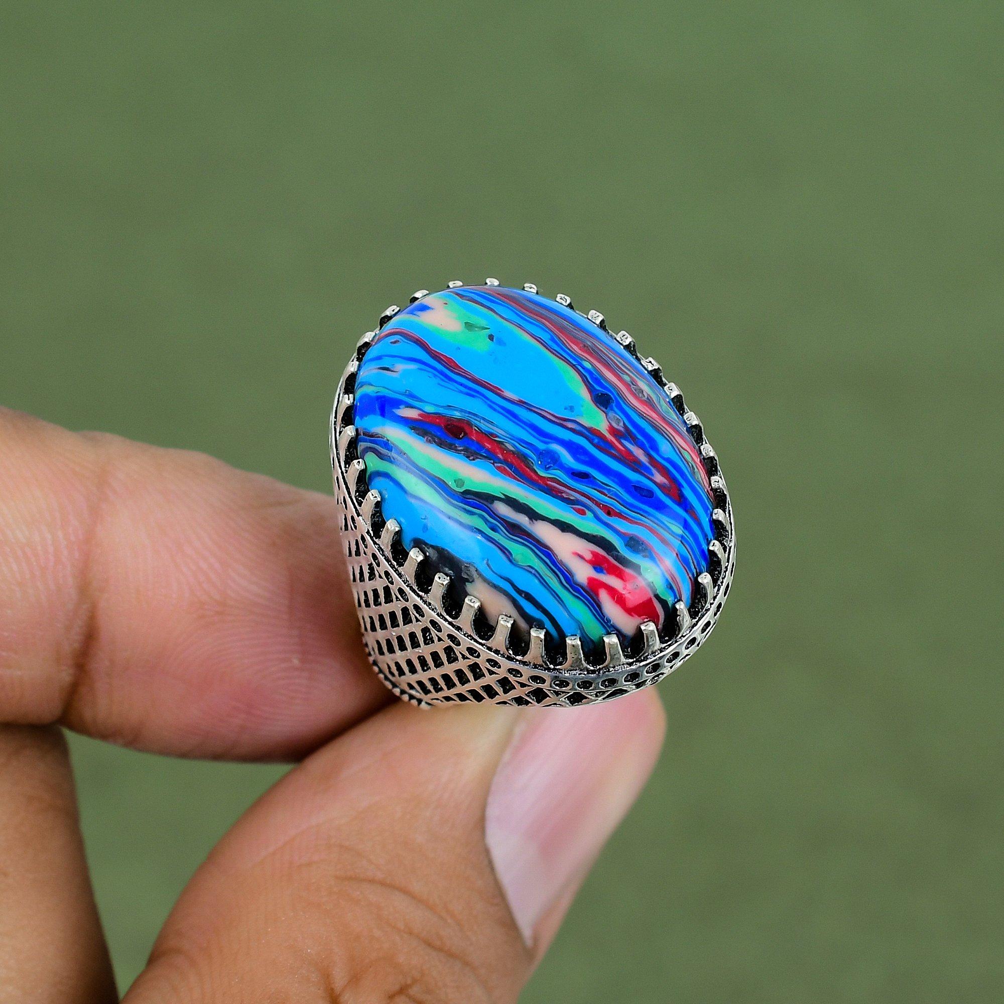 Rainbow Calsilica Ring 925 Sterling Silver Ring Designer Ring Genuine Gemstone Jewelry Handmade Ring Engagement Gifts Available In Ring Size