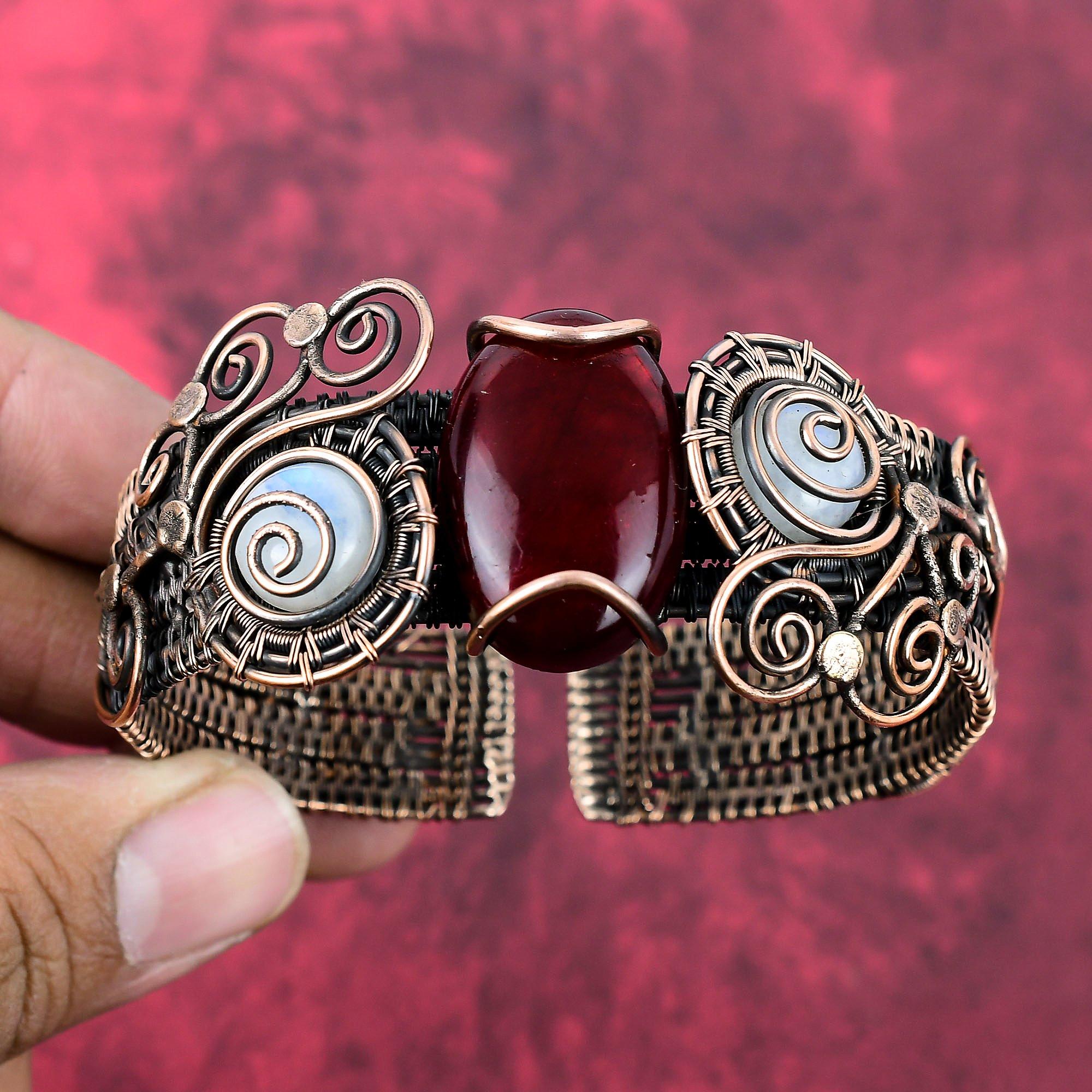 Red Fire Labradorite Bangle Copper Wire Wrapped Gemstone Cuff Bracelet Adjustable Bangle Moonstone Copper Jewelry Handmade Bangle For Gifts