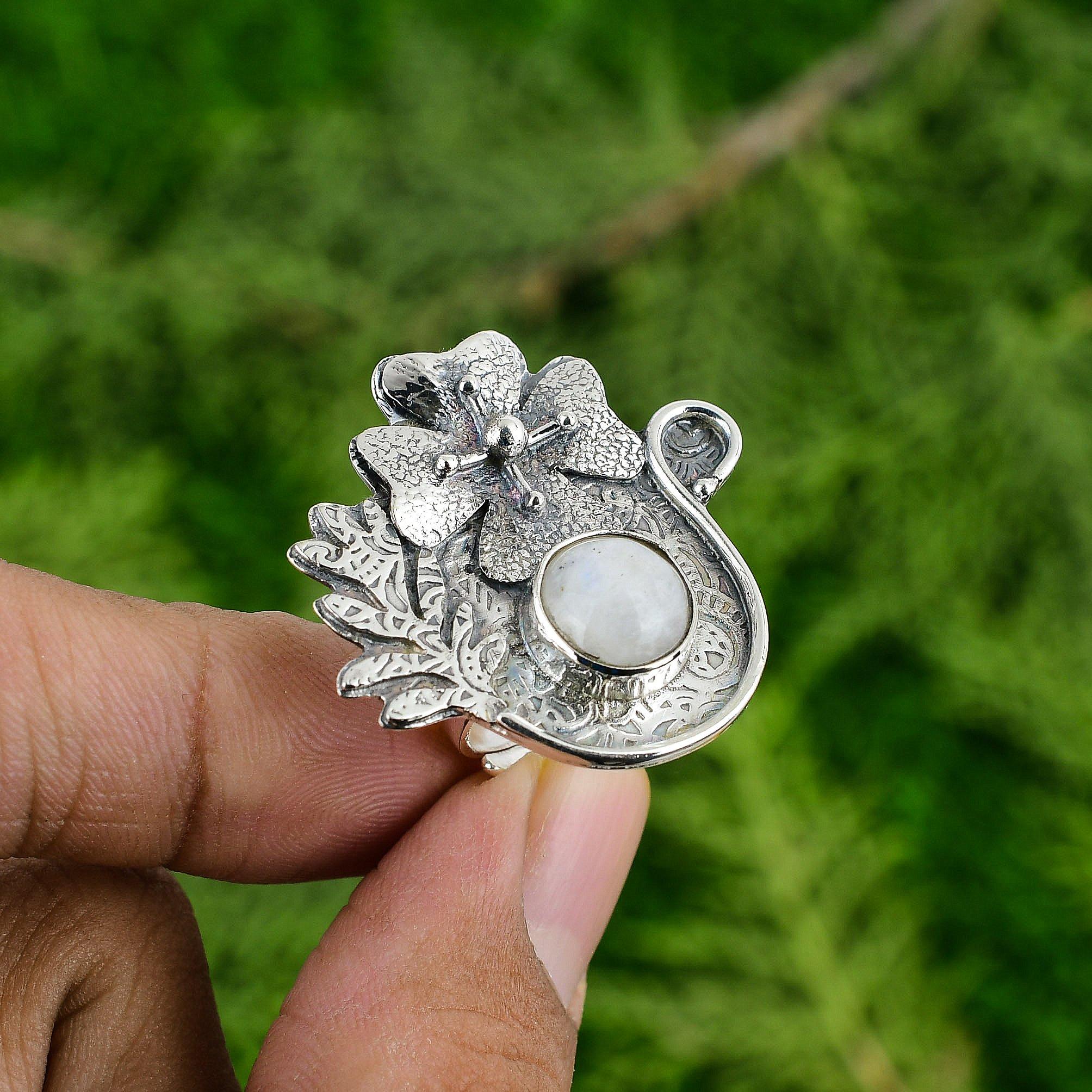 Natural Rainbow Moonstone 925 Silver Stackable Flower Adjustable Ring For Women