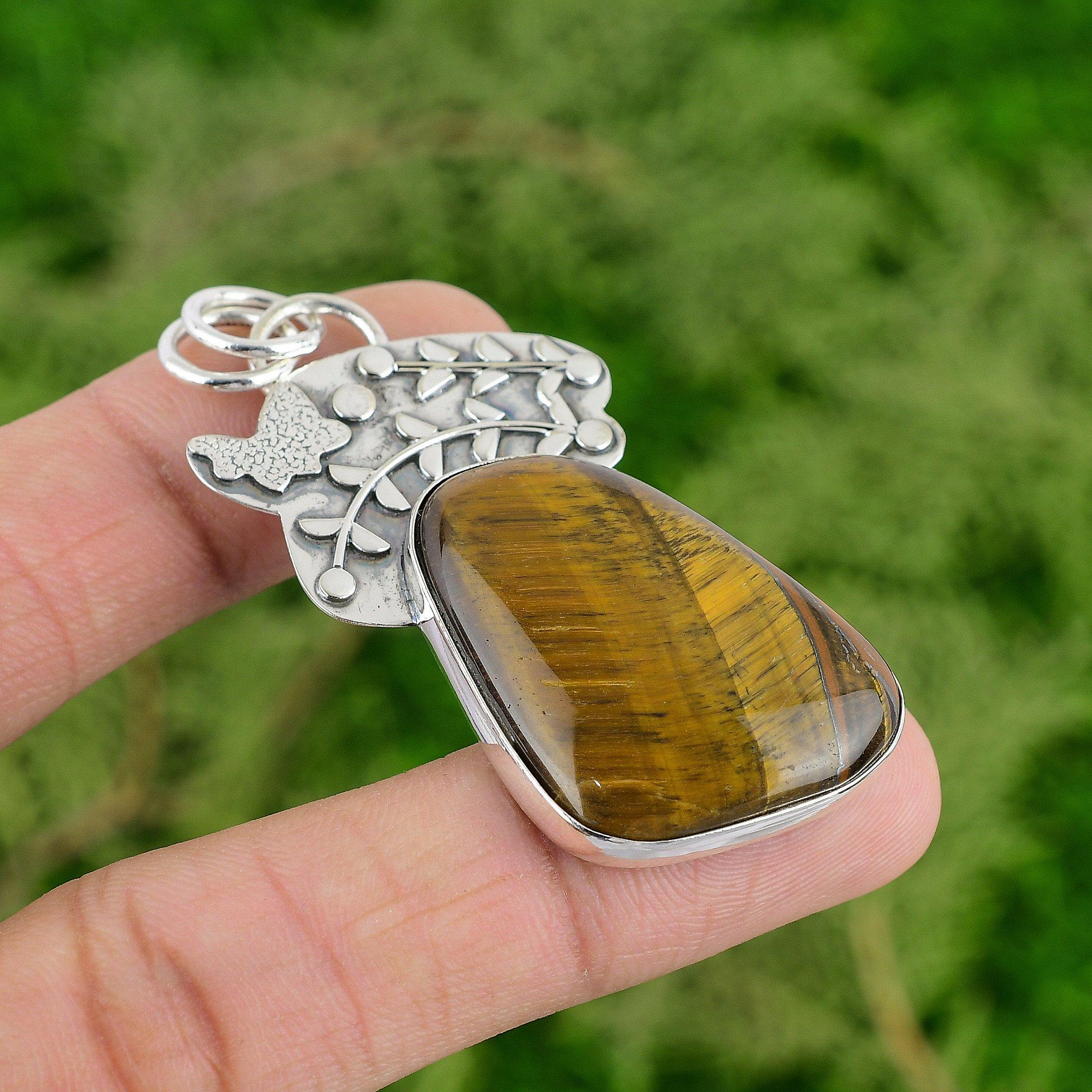 Daughters Day Sale 925 Sterling Silver Natural Tigers Eye Bezel Elegant Pendant