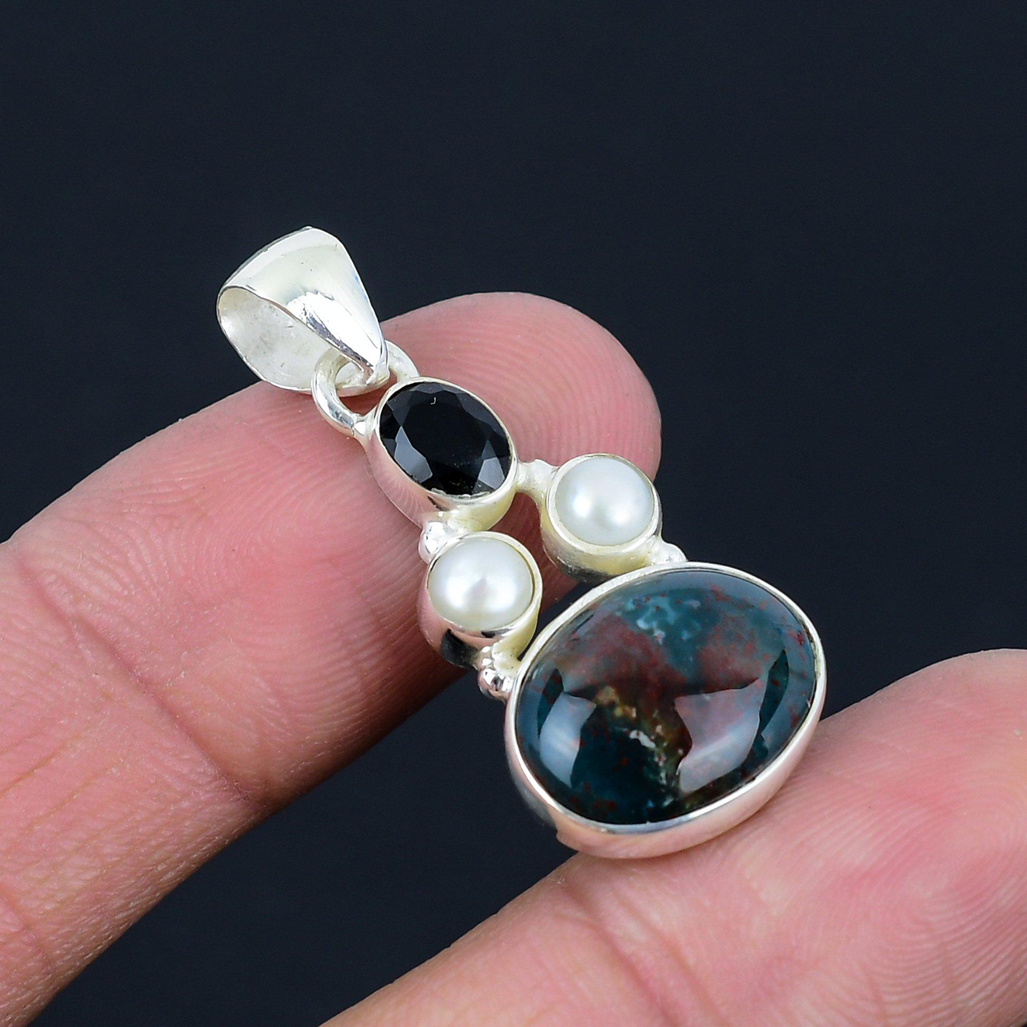 Natural Bloodstone & Black Onyx Gemstone Pendant, 925 Sterling Silver, Handmade Pendant Jewelry Gift For Valentine's Day