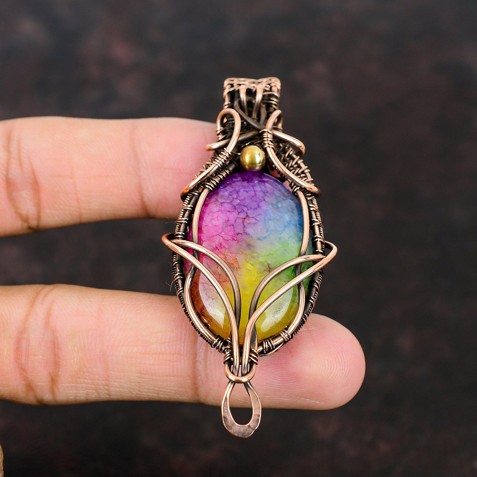 Rainbow Solar Quartz Druzy Pendant Gemstone Copper Wire Wrapped Pendant Copper Jewelry Solar Quartz Jewelry Handmade Pendant Gift For Mother