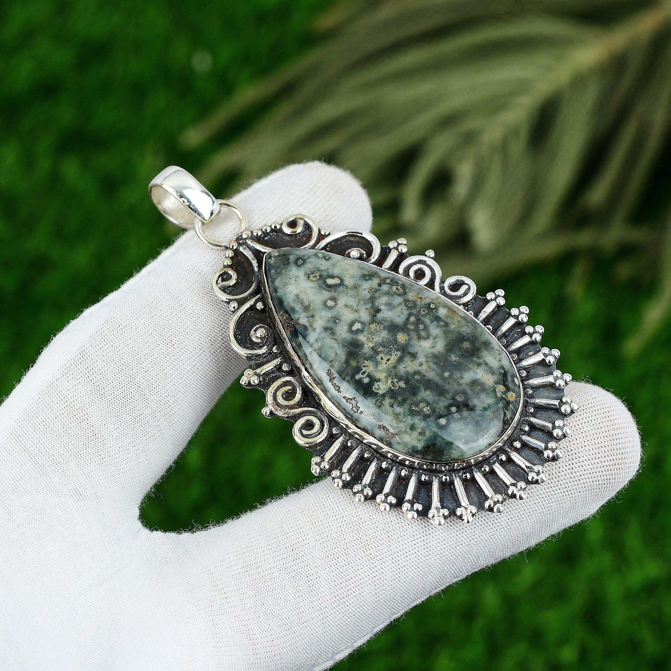 Sisters Day Sale Natural Ocean Jasper Bezel Birthday Pendant 925 Sterling Silver