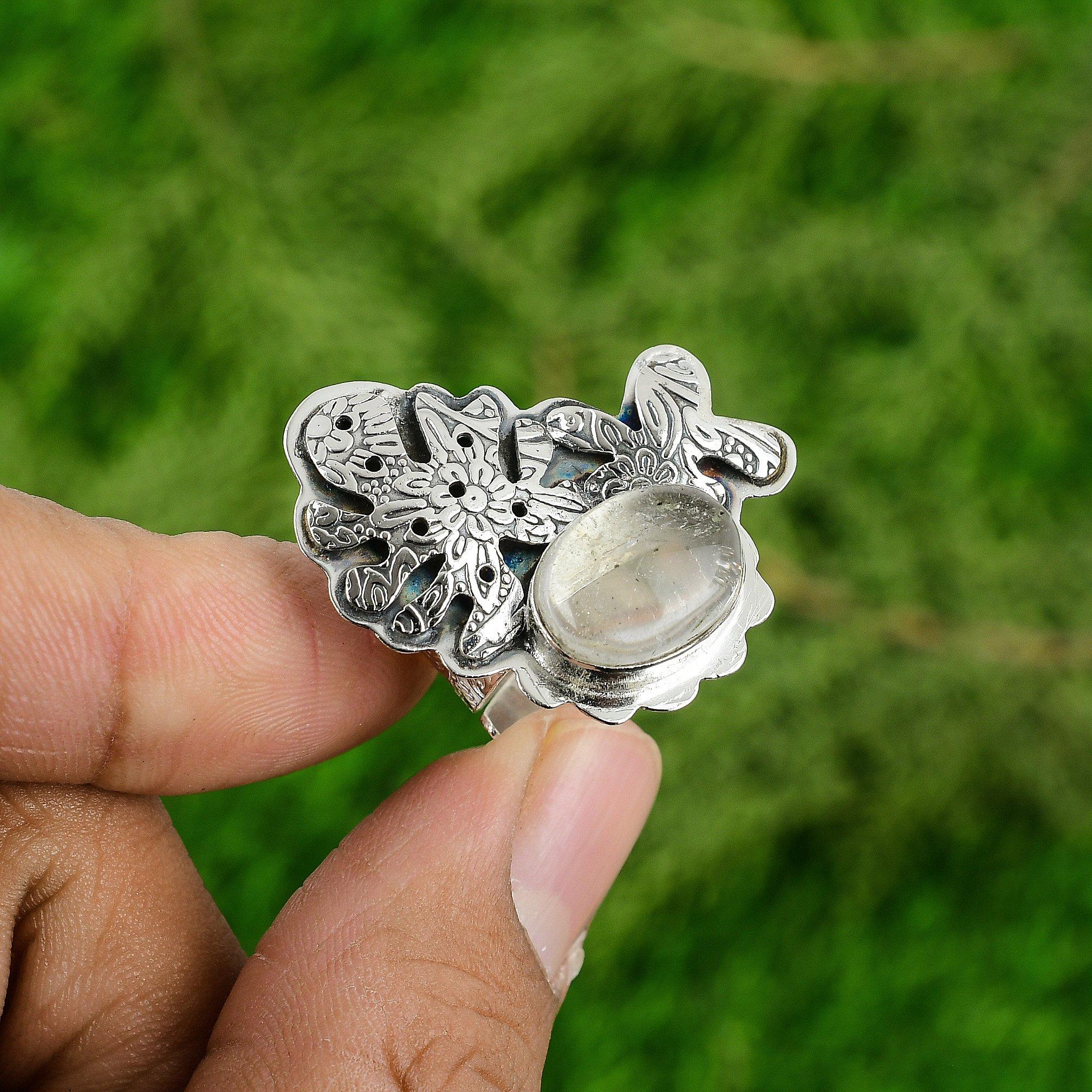 Natural Rutile Quartz Gemstone 925 Silver Multi Stone Adjustable Ring For Women