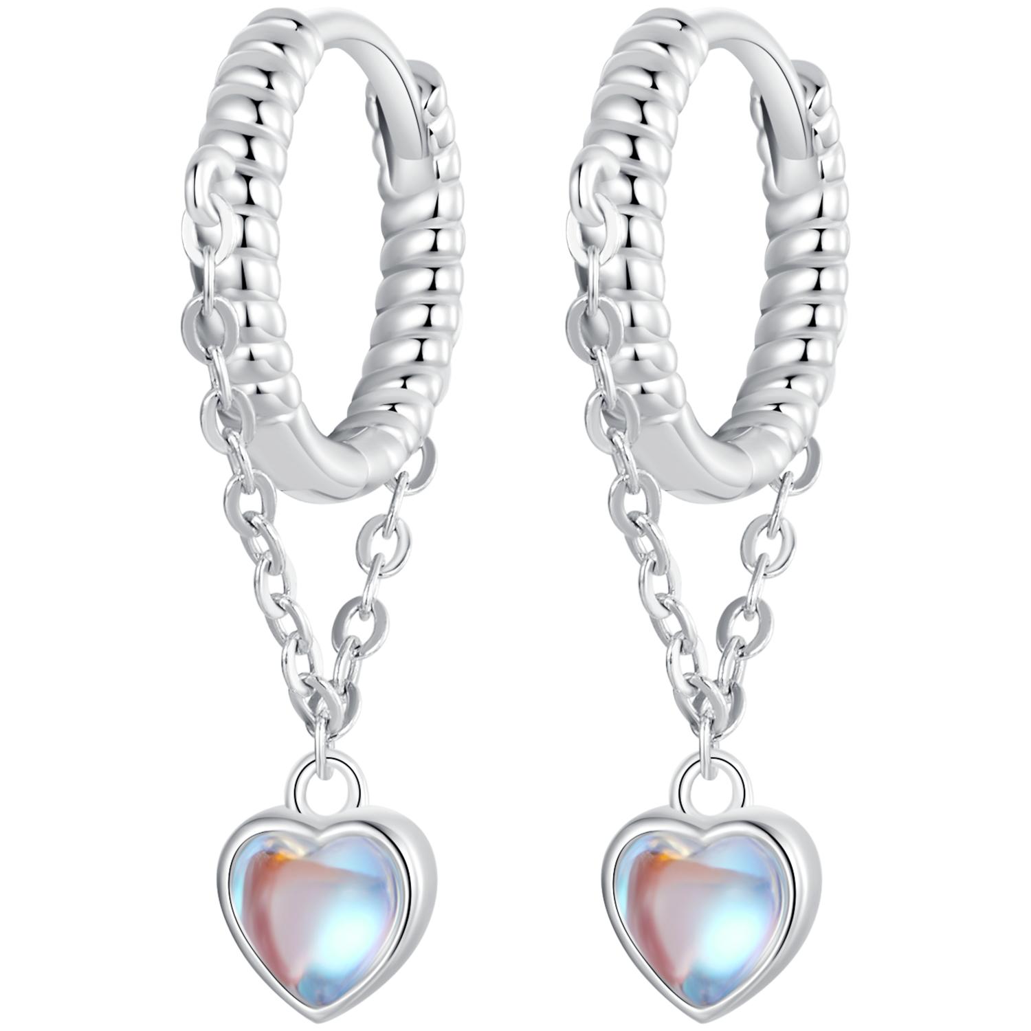 Bamoer White Gold Plated Huggie Earrings Heart Moonstone Drop Earrings, Women 925 Sterling Silver Hypoallergenic CZ Earrings