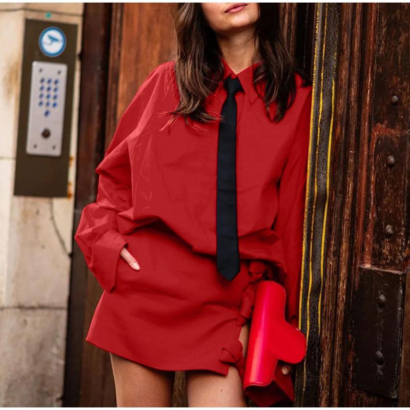 Women 2 Piece Set Elegant Laple Tie Oversize Full Sleeve Shirts High Waist Tie Bow Mini Skirt Lady Outfits 2025 Lady Streetwears