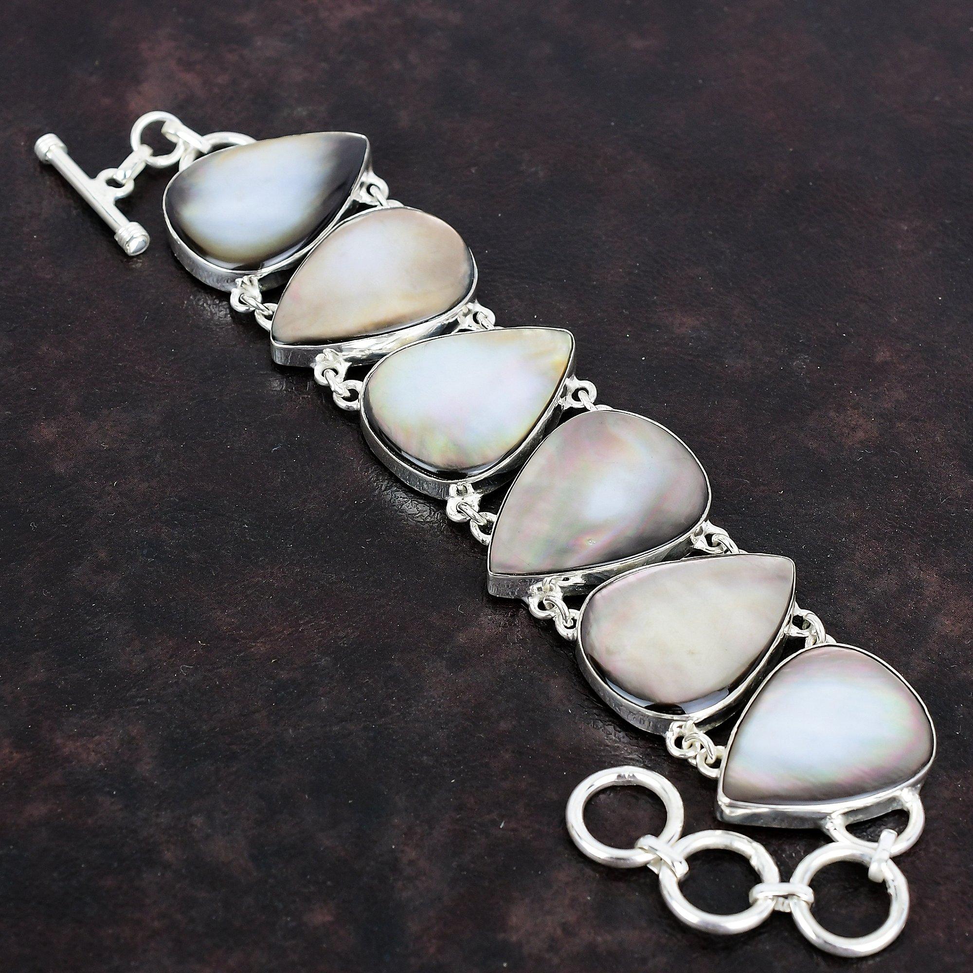 Black Mother of Pearl Bracelet 925 Sterling Silver Bracelet Adjustable Chain Gemstone Bracelet Silver Jewelry Handmade Bracelet Gift for Mom