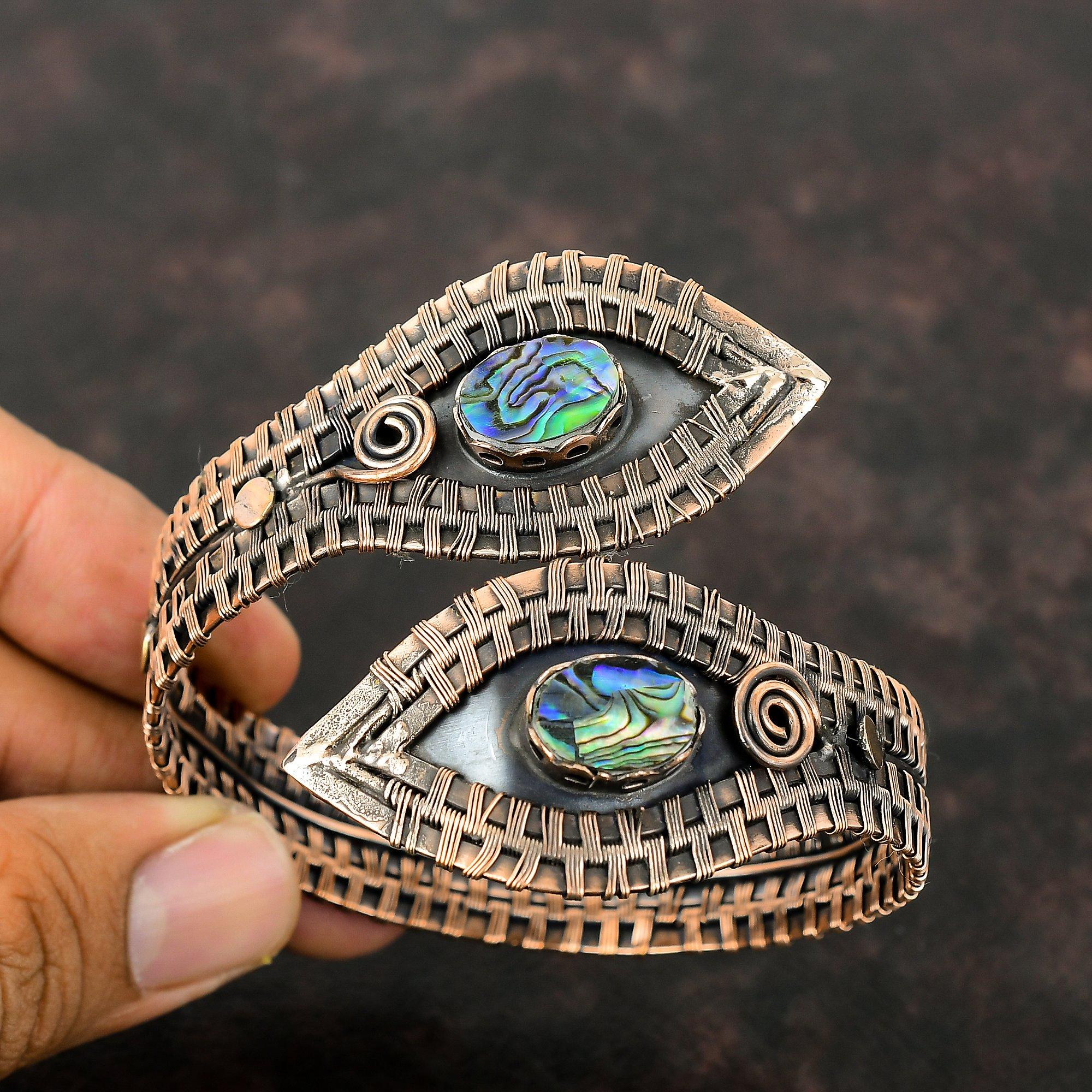 Abalone Shell Gemstone Bangle Copper Wire Wrapped Cuff Bracelet Handmade Bangle Adjustable Cuff Bracelet Antique Copper Jewelry Gift For Mom
