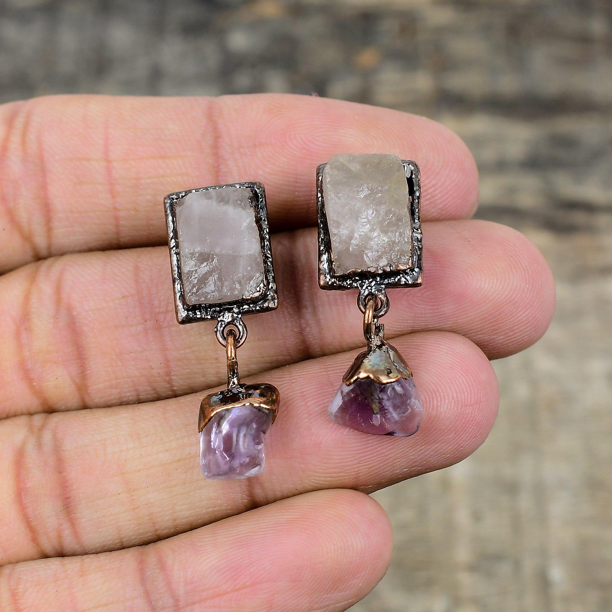 Rose Quartz Rough Earring African Amethyst Rough Gemstone Earring Electroformed Copper Earrings Handmade Electroformed Jewelry Wedding Gift