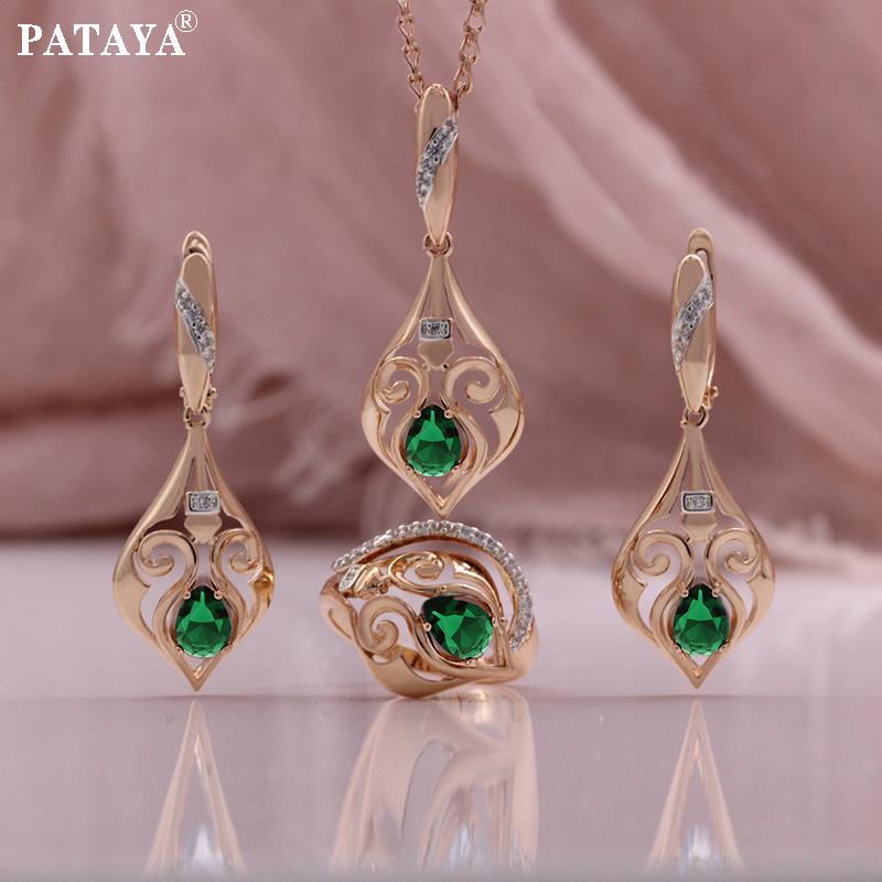 PATAYA Classical Rose Gold Color Green Light Blue Artificial Zircon Earring Ring Pendant  Necklace Combination Set