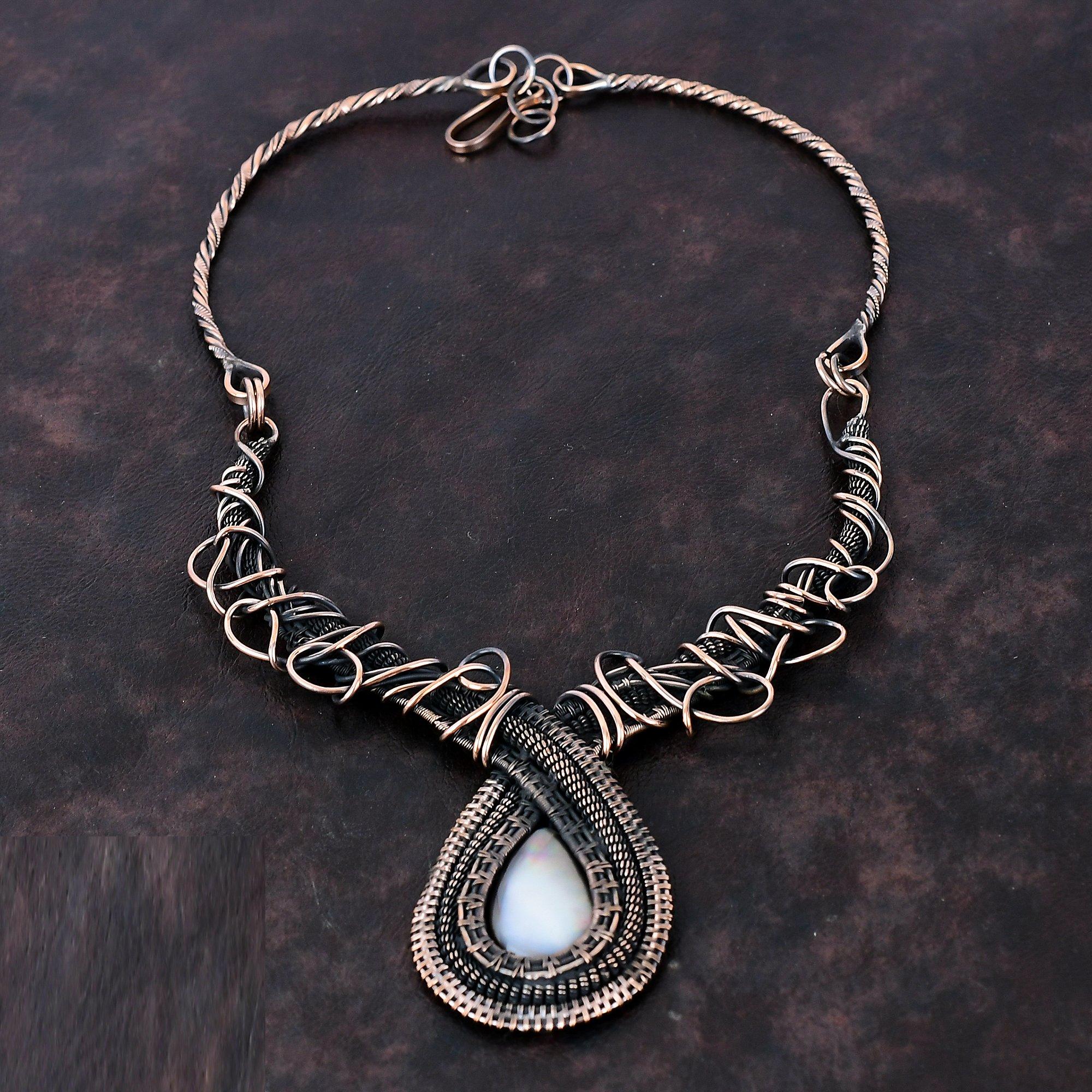 Mother Of Pearl Gemstone Necklace Copper Wire Wrapped Necklace Adjustable Necklace Handmade Necklace Unique Copper Jewelry Anniversary Gift