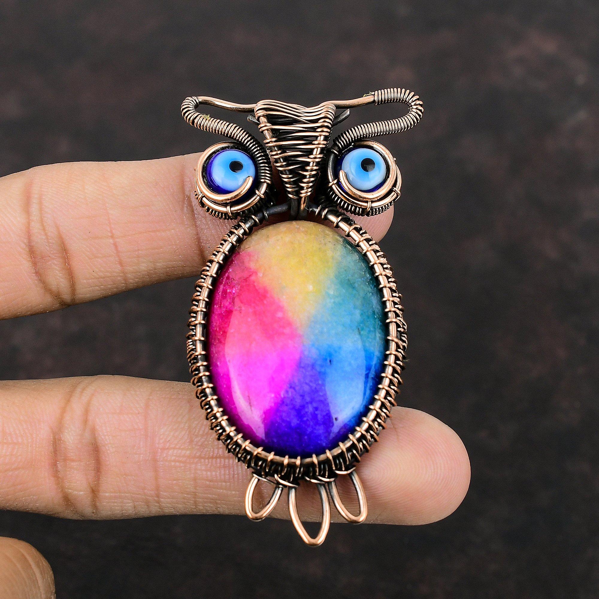 Rainbow Solar Quartz Druzy Pendant Copper Wire Wrapped Stone Pendant Owl Pendant Blue Color Evil Eye Pendant Copper Jewelry Handmade Pendant