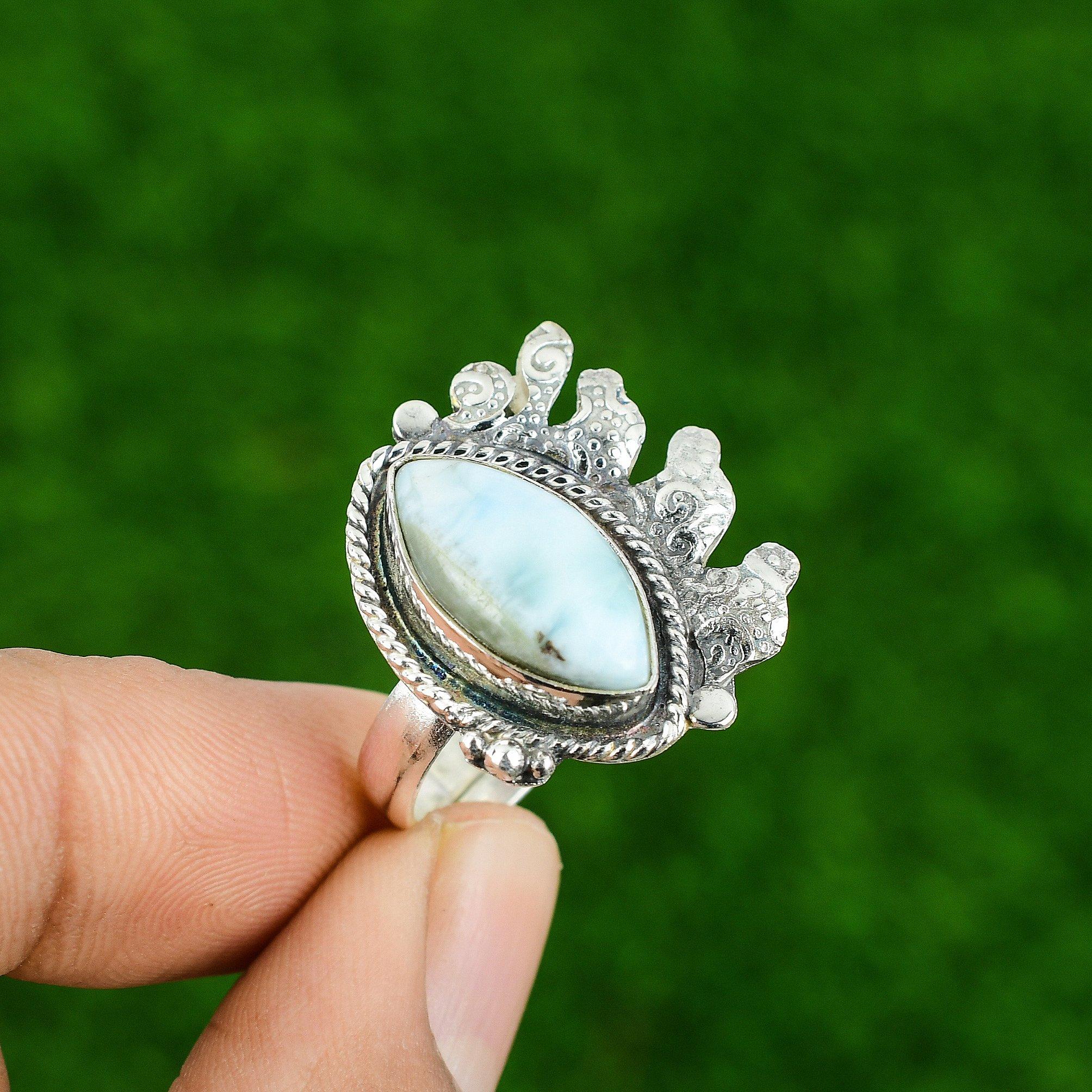 Birthday Gift For Her Natural Larimar Multi Stone Adjustable Ring 925 Silver