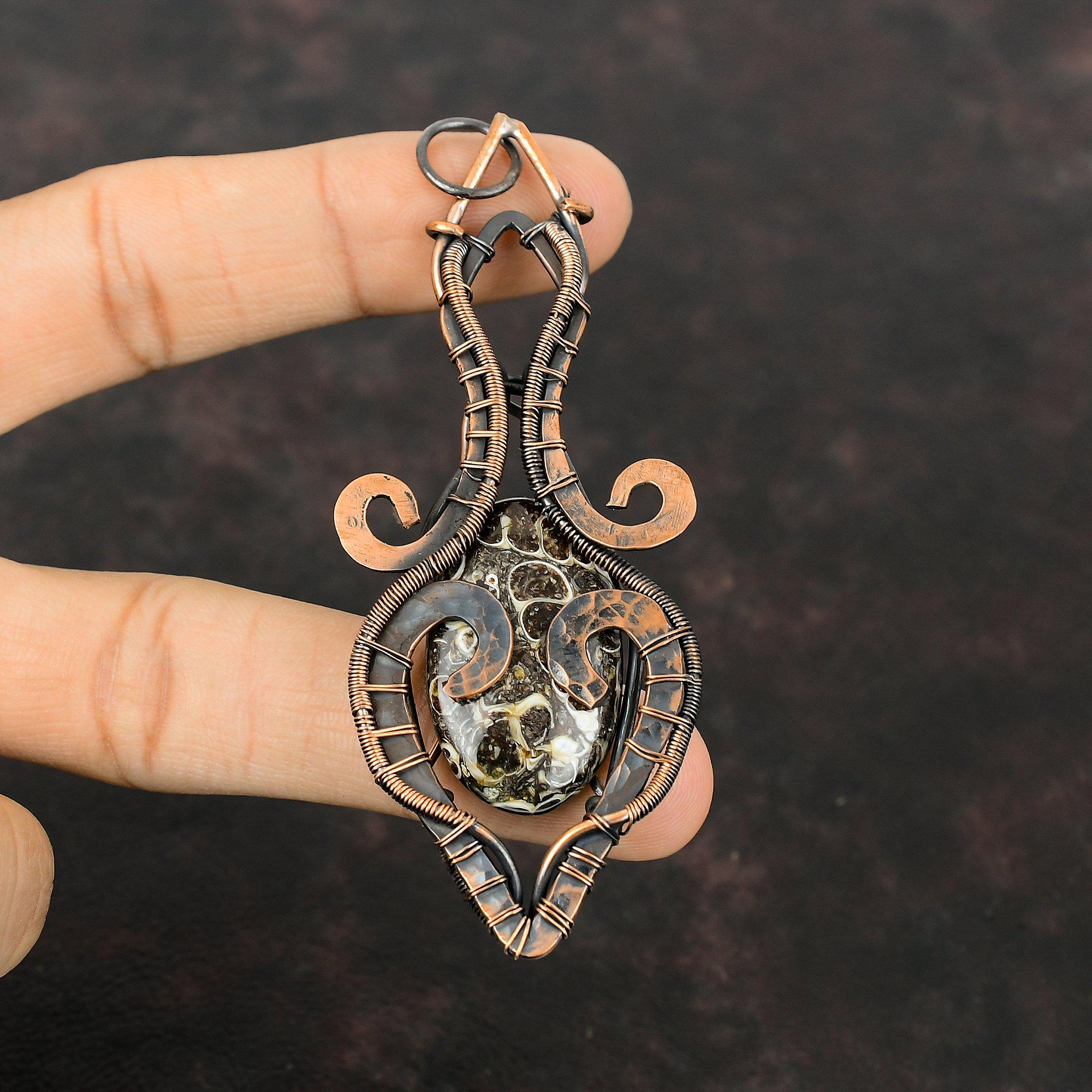 Turritella Agate Pendant Copper Wire Wrapped Pendant High Quality Gemstone Pendant Handmade Copper Wire Jewelry Wedding Gift Stylish Pendant