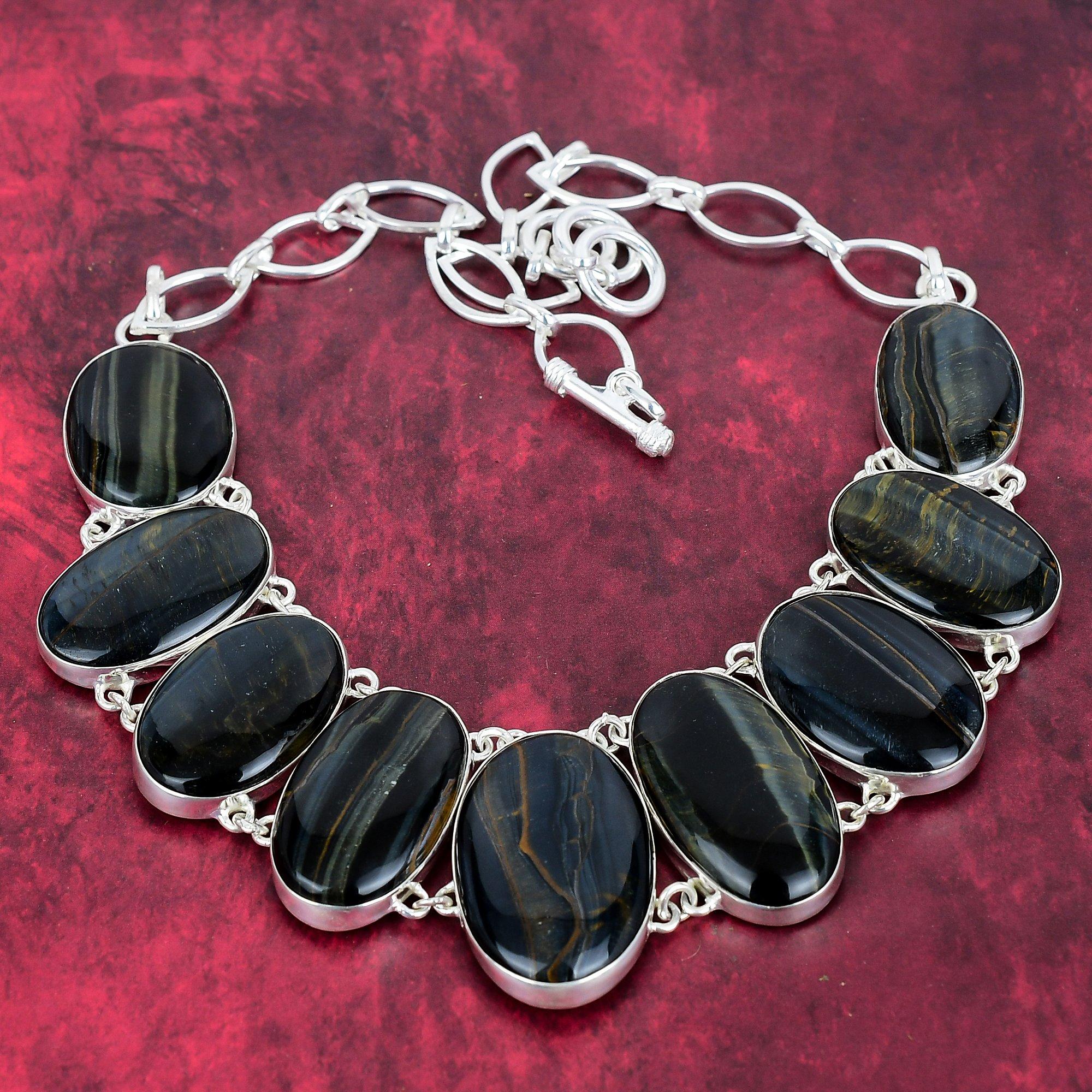 Blue Tiger's Eye Handmade Gemstone Jewelry, 925 Solid Sterling Silver Necklace Unique Design Jewelry, For Women