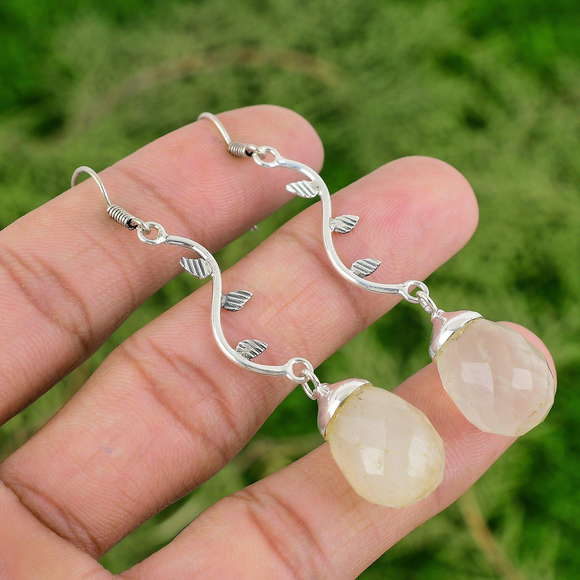 Crown Chakra Natural Rainbow Moonstone Wife Engagement Drop Earrings 925 Silver