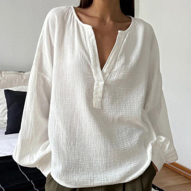 Mode V-Ausschnitt Einfarbig Blusen Frauen Loose Fit Laterne Ärmel Tops Casual Baumwolle Krepp Shirt Frühling Herbst Pendeln Harajuku Stil