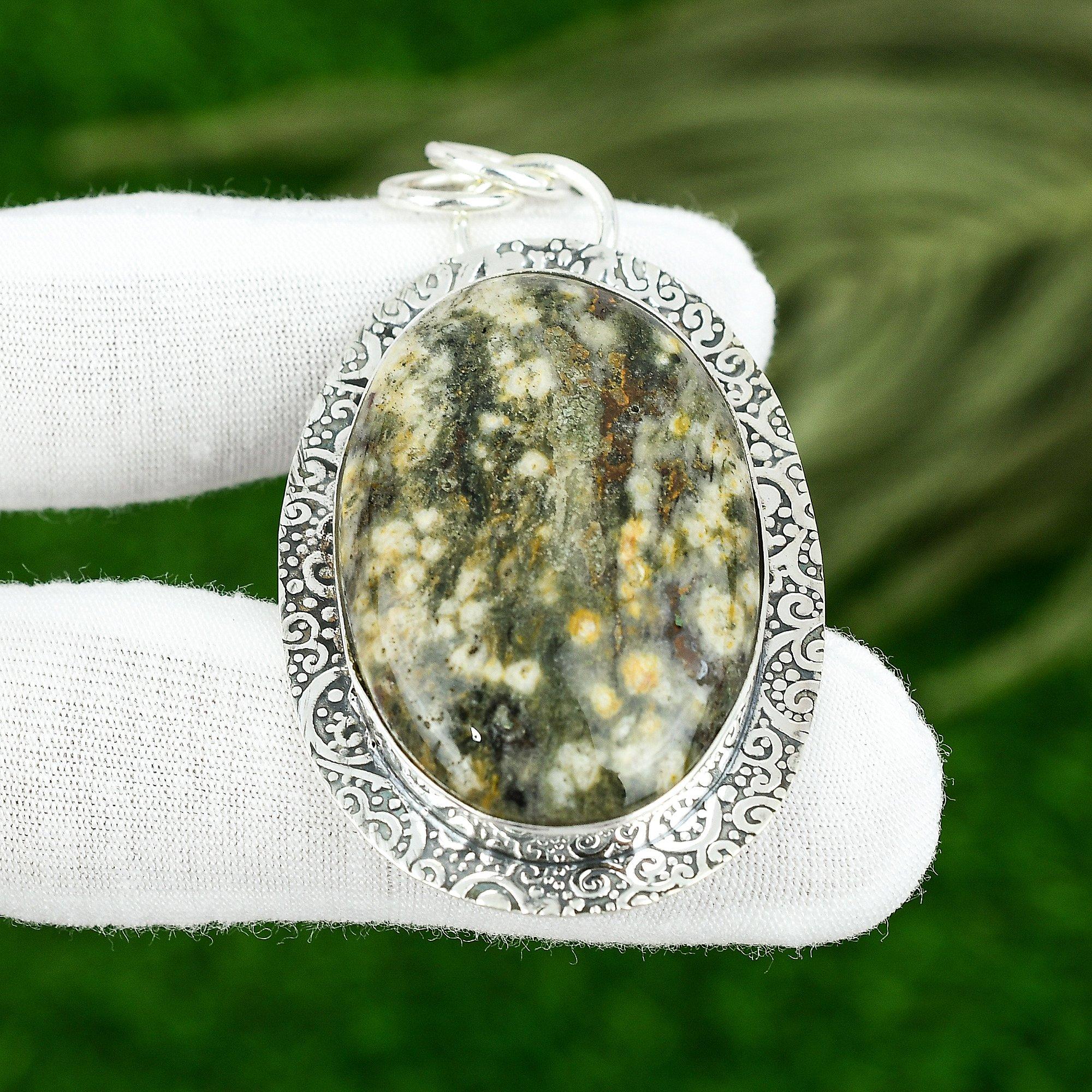 925 Silver Natural Ocean Jasper Birthday Engagement Trendy Bezel Pendant Jewelry