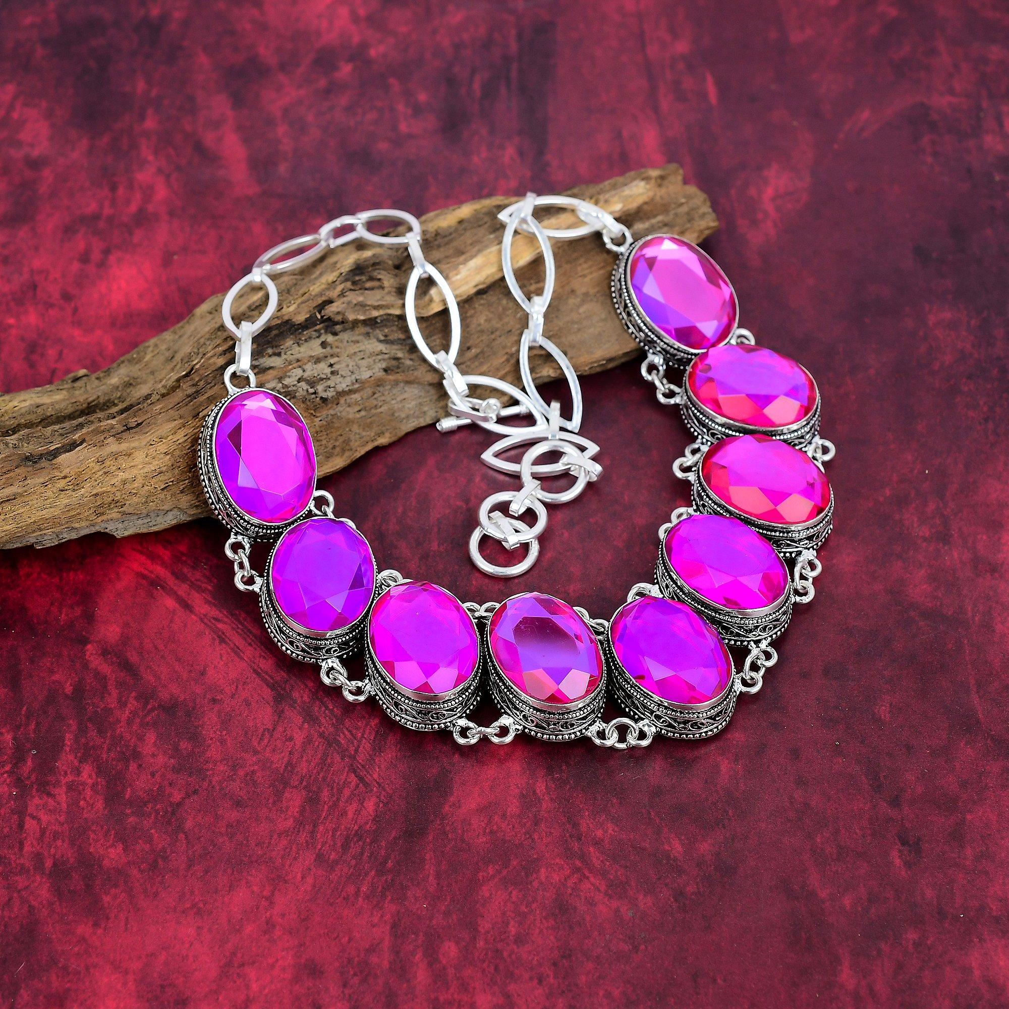 Faceted Pink Topaz Handmade Gemstone Necklace, 925 Solid Sterling Silver Necklace Antique Jewelry, For Engagement Gift