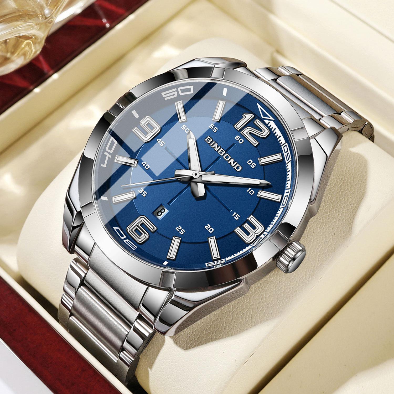 BINBOND Men's Watch Big Digital Fashion Business Waterproof Calendar Night Light Stainless Steel Quartz Men's Watch Men's Gift
