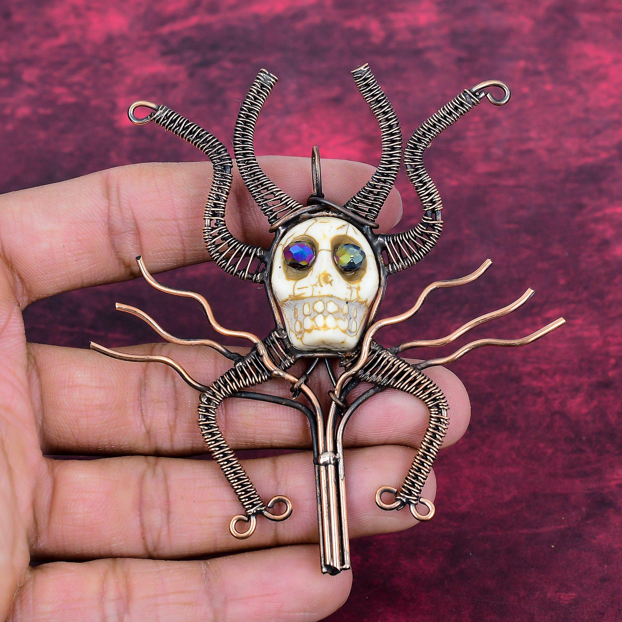 Howlite Pendant Copper Wire Wrapped Pendant Titanium Bead Eyes & Skull Bone Face Pendant