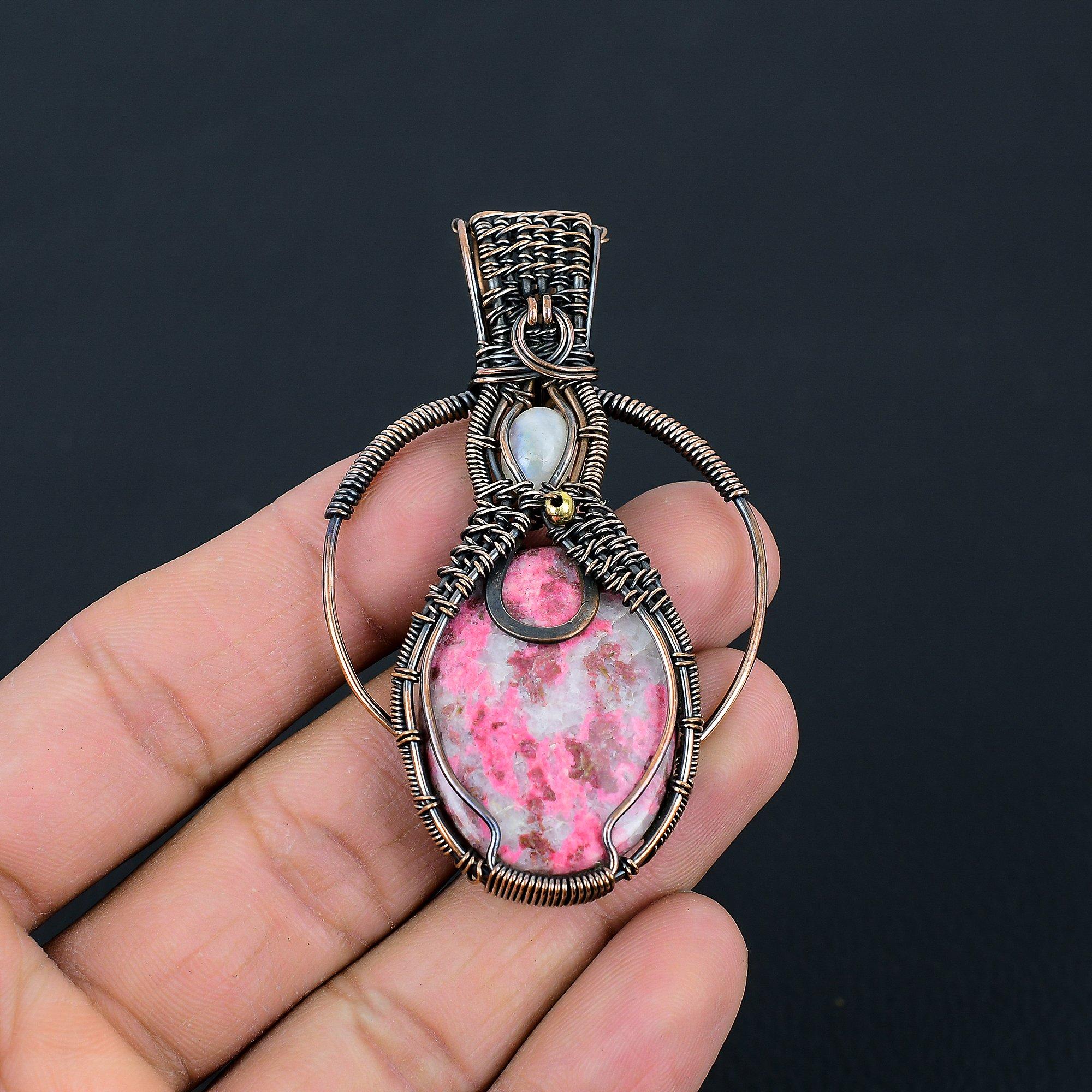 Pink Thulite & Moonstone Gemstone Handmade Copper Wire Wrap Jewelry Pendant For Women