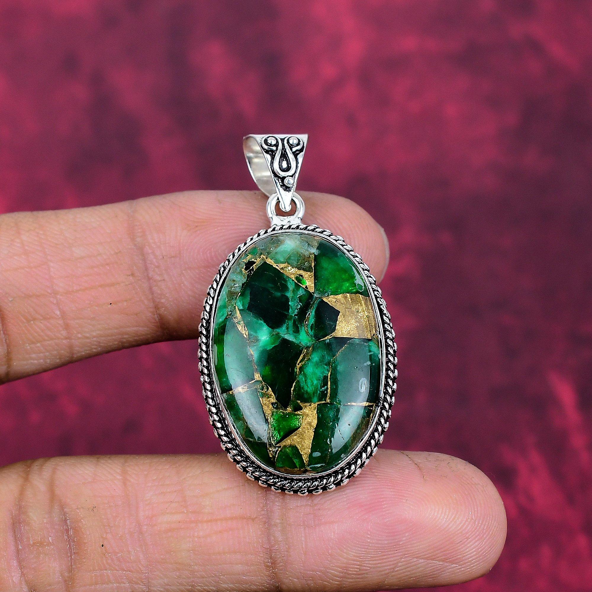 Green Copper Turquoise Pendant, 925 Solid Sterling Silver Jewelry, Gemstone Pendant, Gift For Her Handmade Dainty Jewelry