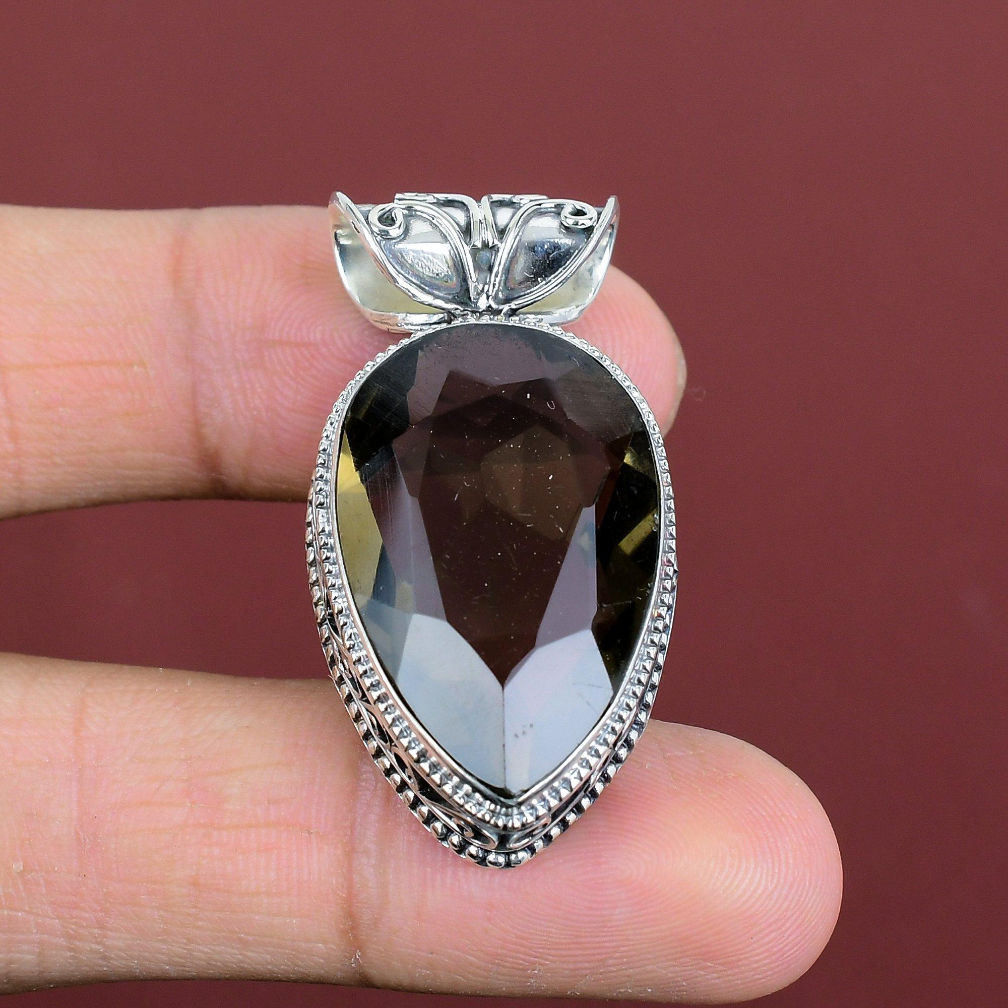 Faceted Smoky Quartz Pendant Vintage Unique Pendant 925 Sterling Silver Pendant Smoky Quartz Gemstone Jewelry Handmade Pendant Gifts For Him