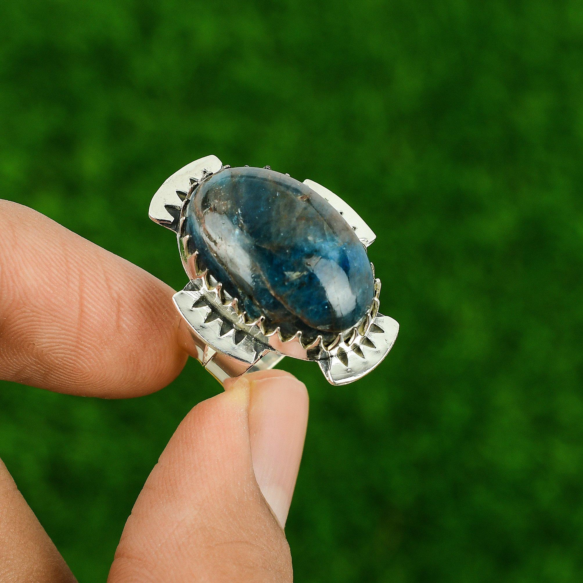 925 Silver Oval Natural Neon Apatite Daughter Stackable Bezel Ring Jewelry US 7