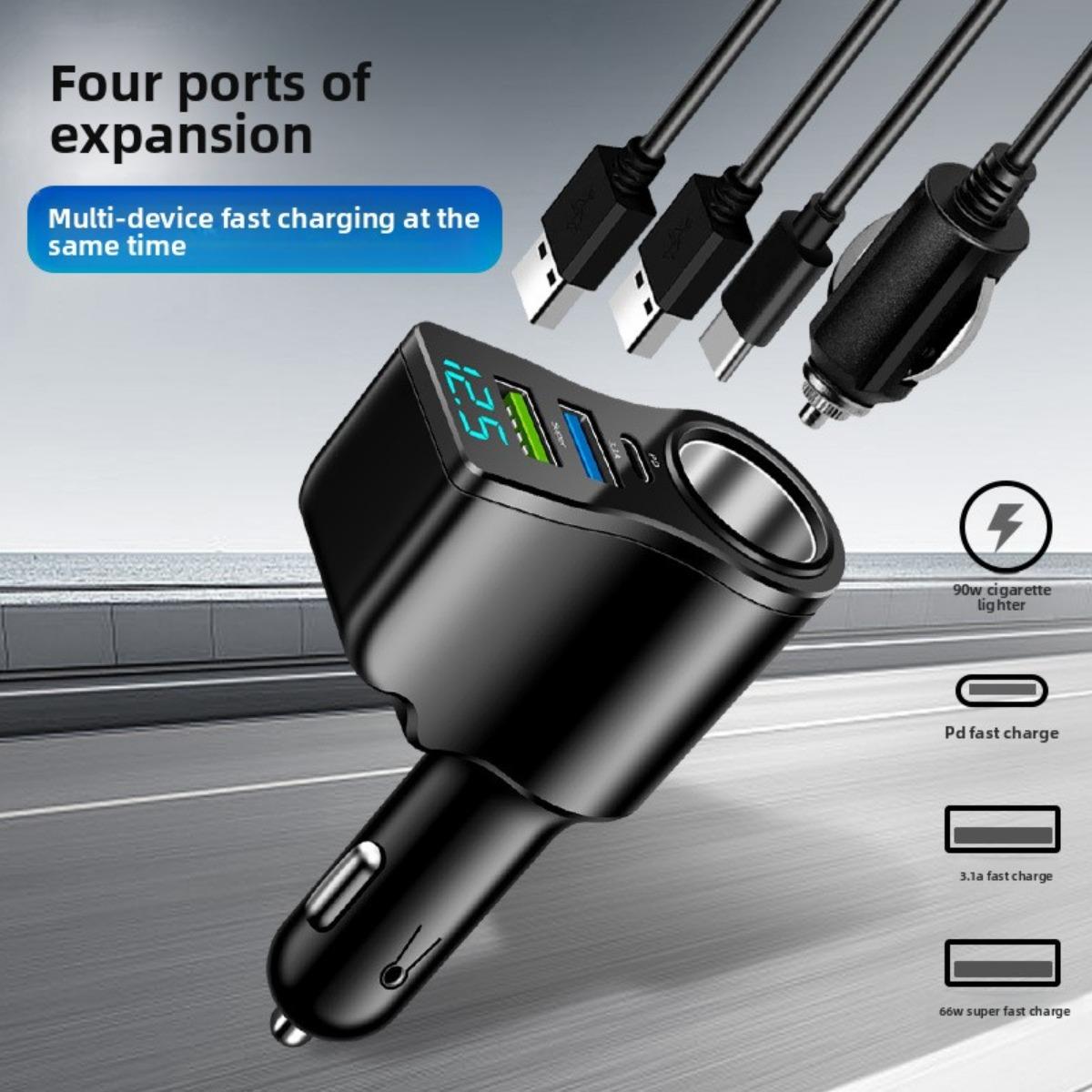 New Digital 66W Car Charger, One To Two Cigarette Lighter Conversion, Multifunctional Dual USB Mobile Phone Charger