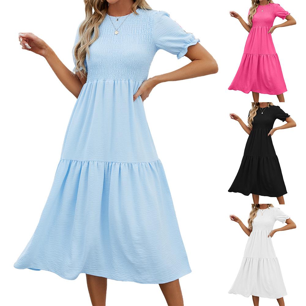 Summer Women's Dress Solid Color Round Neck Patchwork Short Sleeve Dress